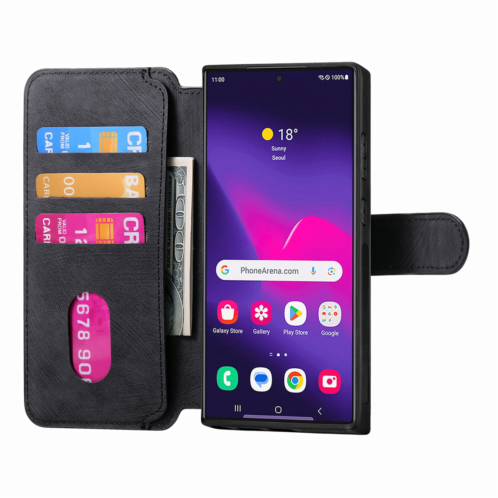 Smartphone in einer schwarzen Brieftasche, die einen App-Bildschirm und Kreditkarten zeigt.