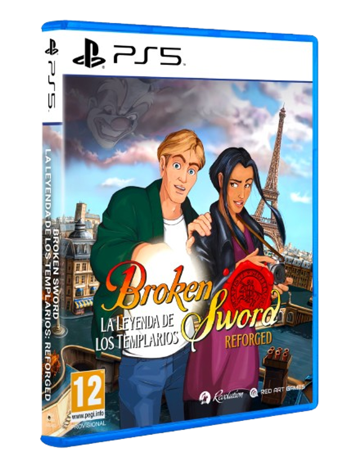 Caja del juego 'Broken Sword: La leyenda de los templarios' con dos personajes y una escena de la ciudad.