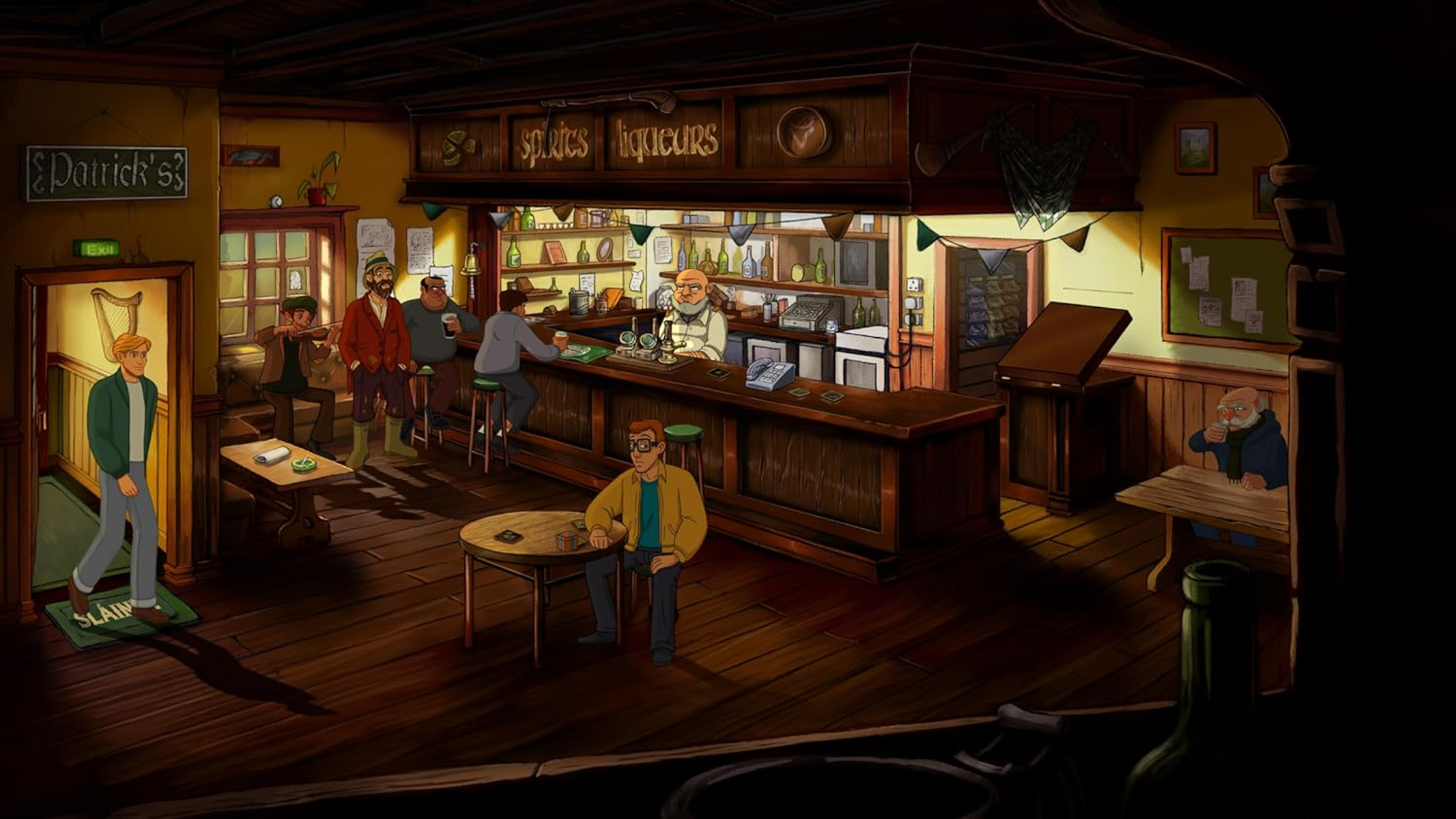 Una escena de bar con gente, un barman y varias bebidas. Un letrero dice 'Danick's'.
