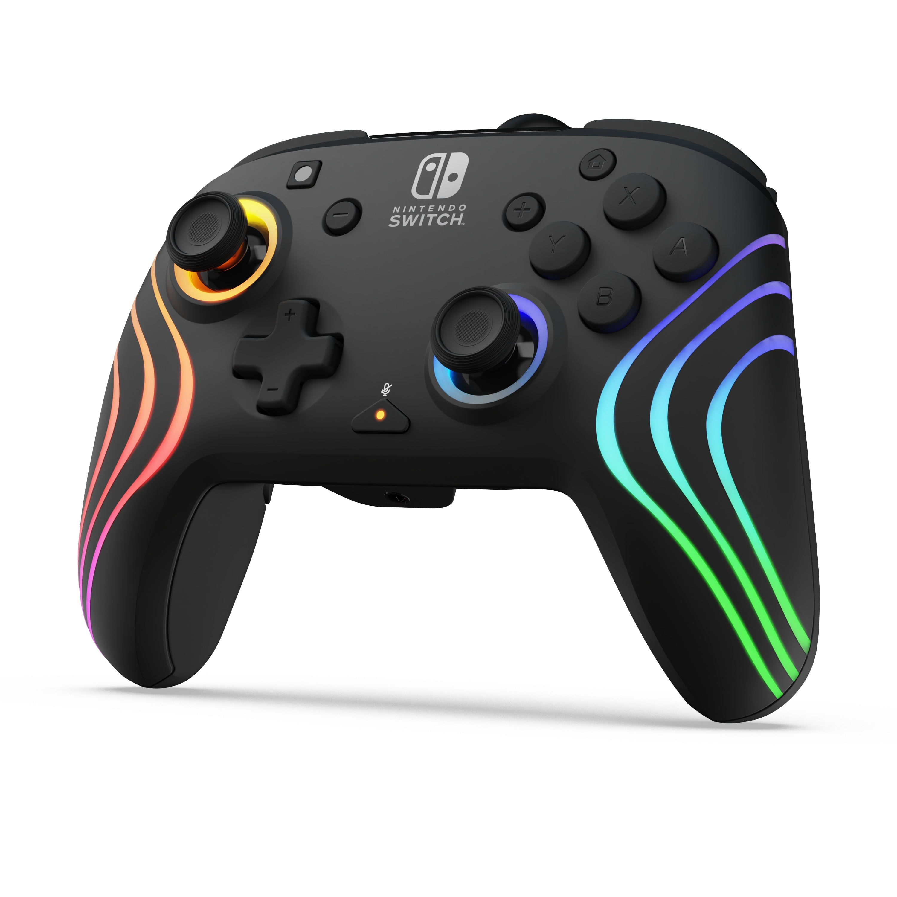 Controller Nintendo Switch nero con luci colorate attorno agli stick e ai pulsanti.