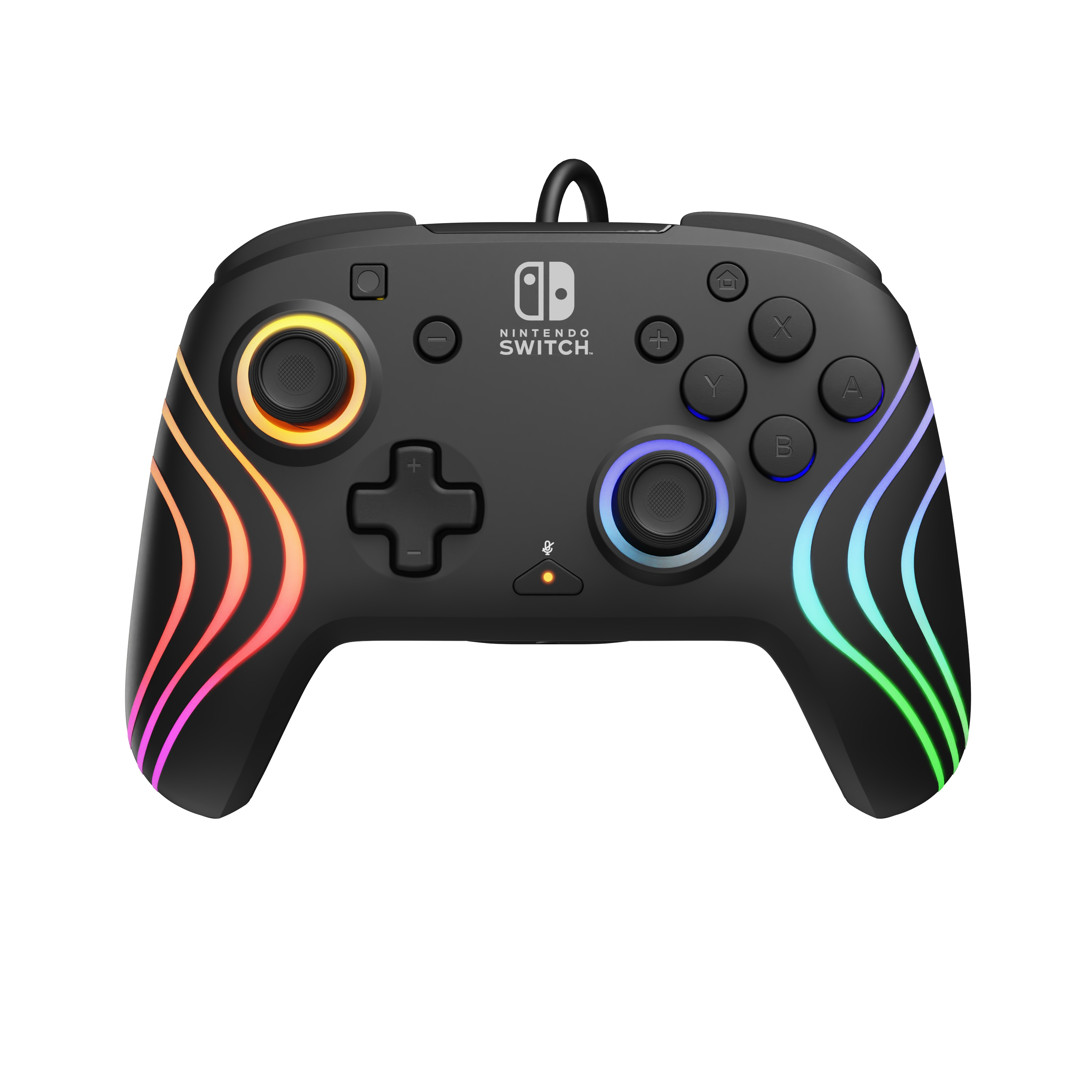 Un controller Nintendo Switch nero. Ha luci colorate attorno ai joystick e ai pulsanti.