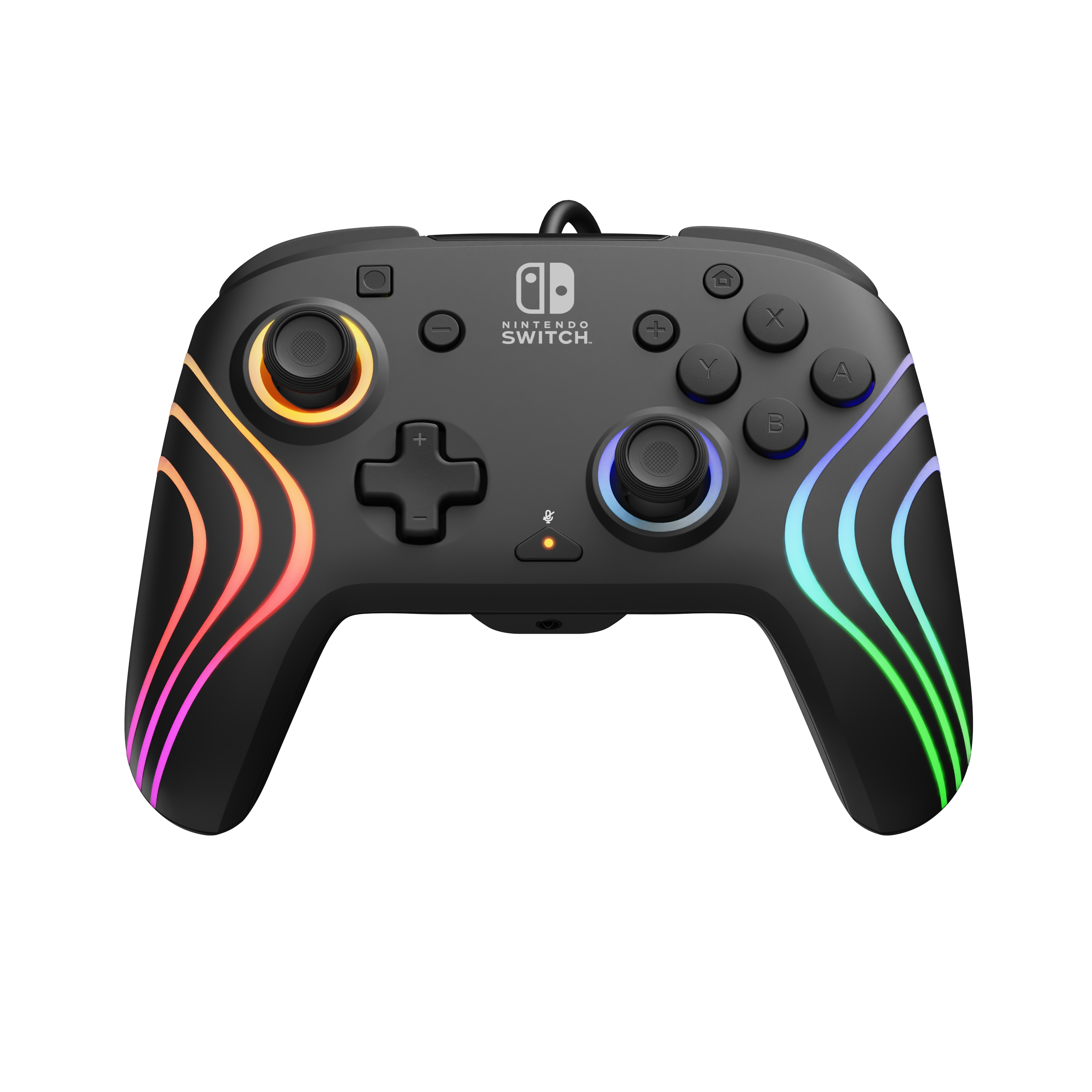 Un controller Nintendo Switch nero con luci colorate attorno ai joystick e ai pulsanti.