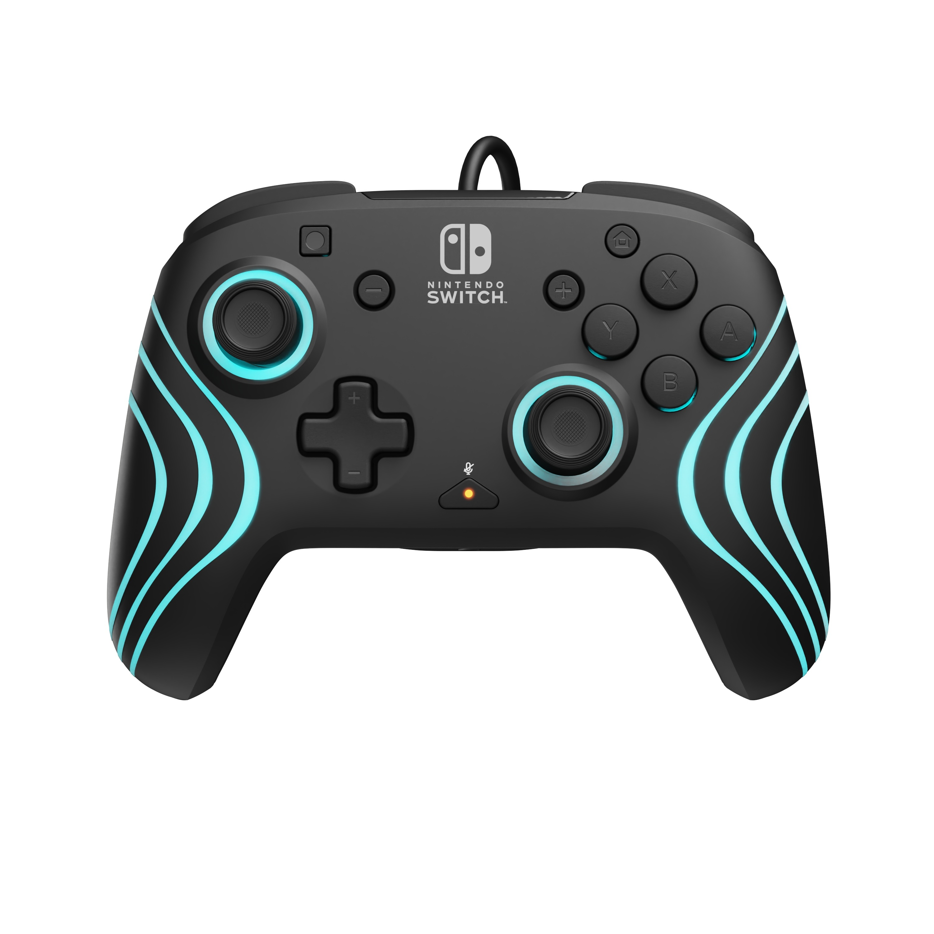 Controller Nintendo Switch nero con dettagli blu. I pulsanti sono visibili. Un cavo pende dalla parte superiore.