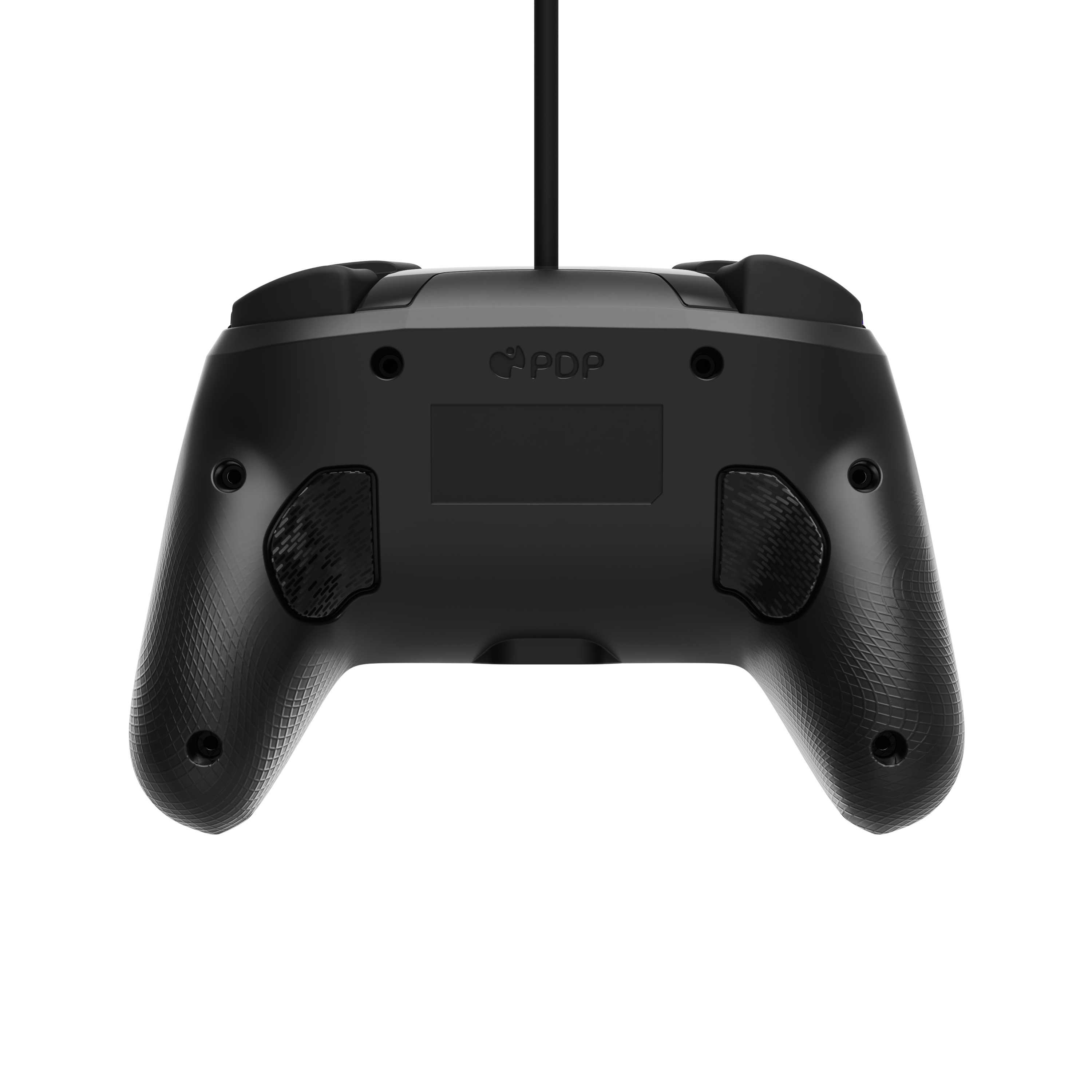 Viene mostrato il retro di un controller Nintendo Switch nero. Ha trame di presa e un cavo.
