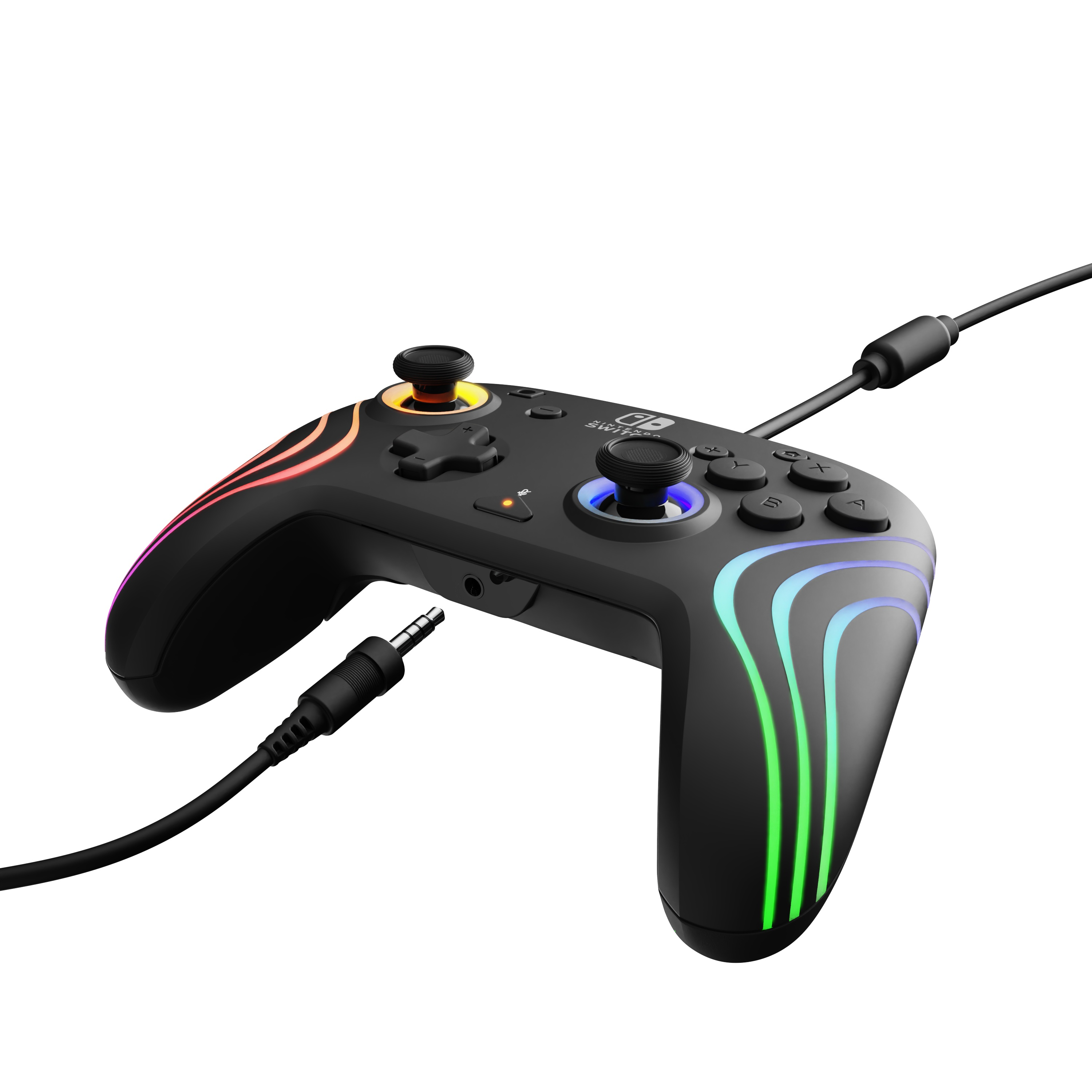 Un controller Nintendo Switch nero con un cavo e luci colorate attorno ai pulsanti.