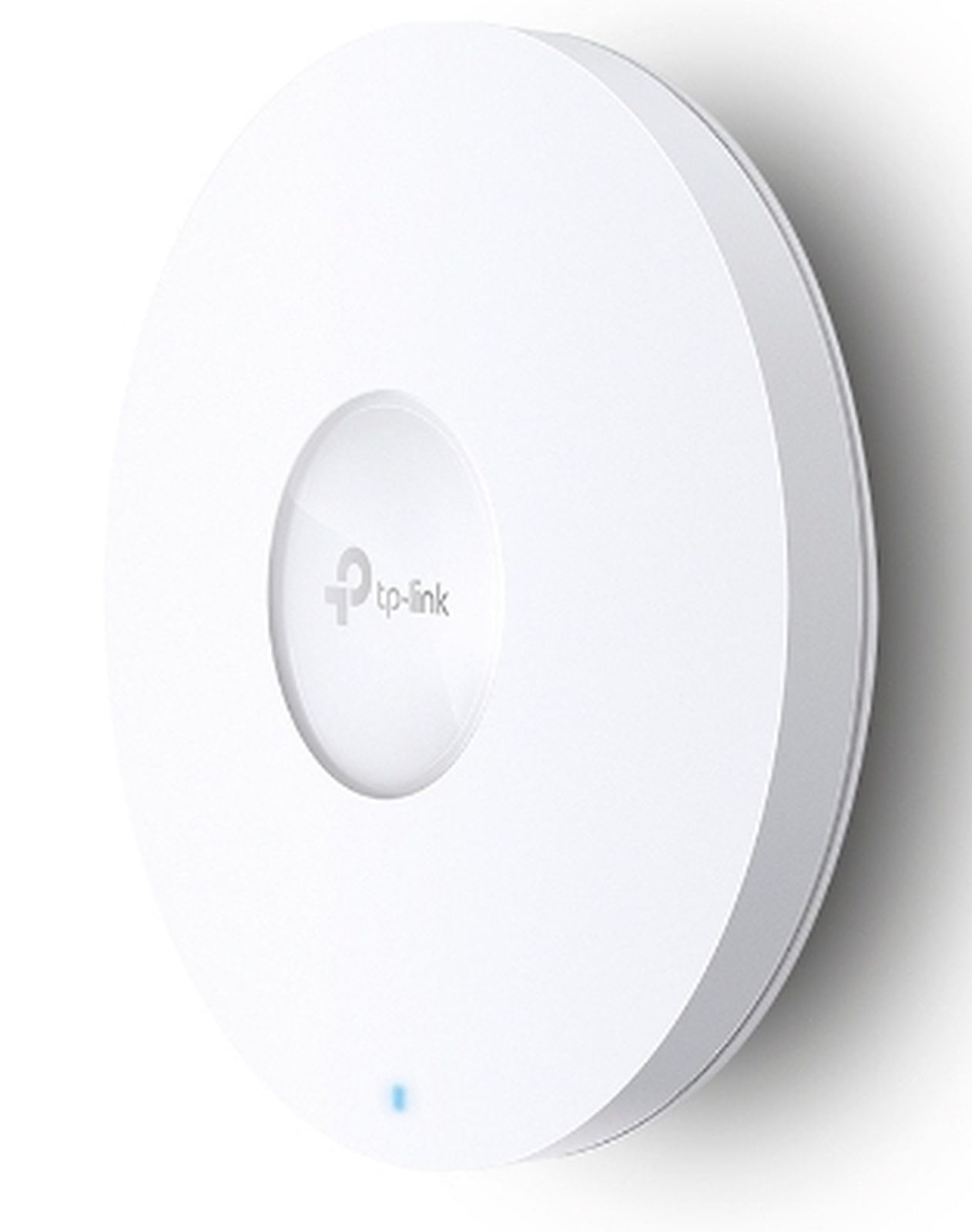 Ein weißes kreisförmiges tp-link-Gerät an einer Wand montiert. Es hat das tp-link-Logo und ein blaues Licht.