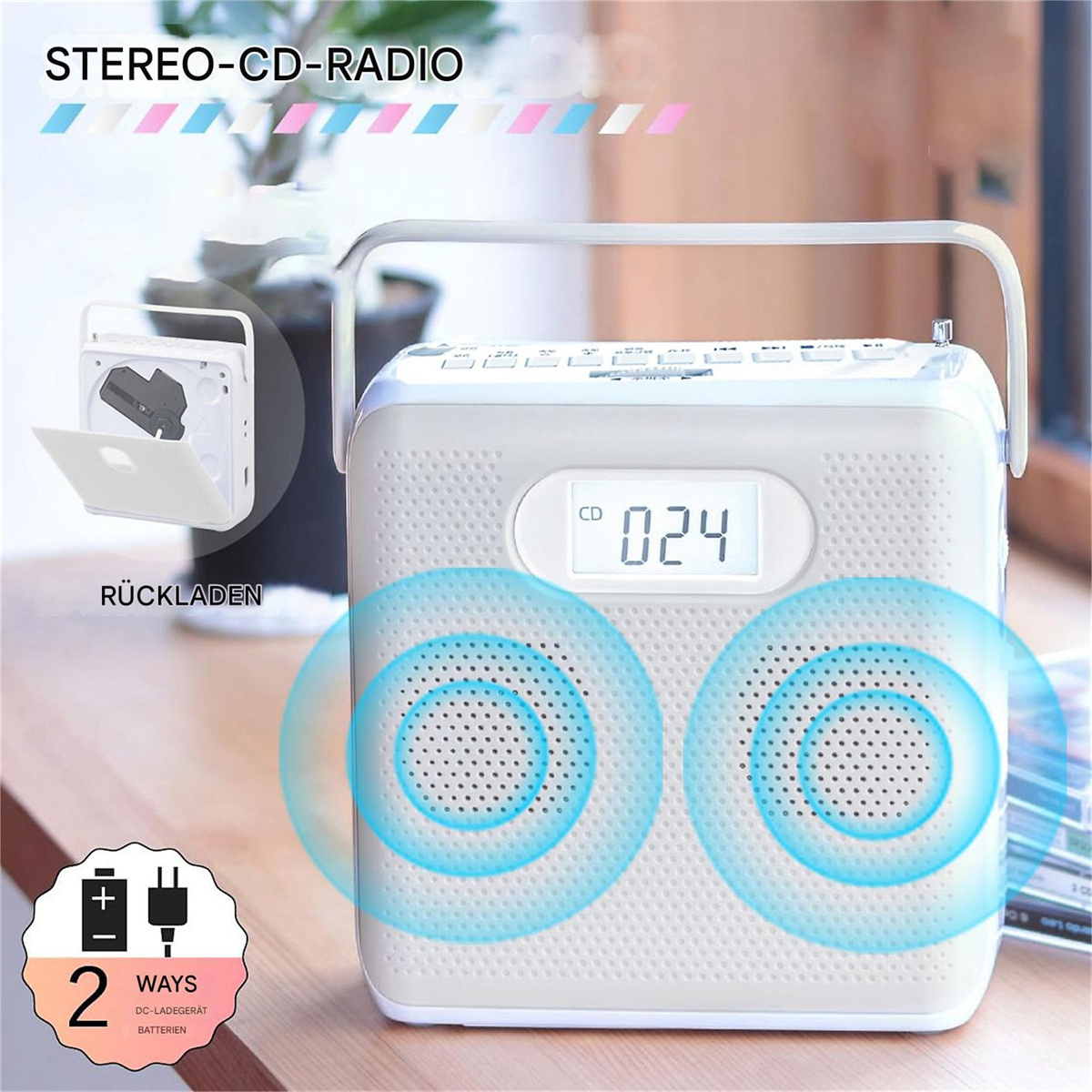 Ein weißes tragbares Stereo-CD-Radio. Es hat ein Display, Knöpfe und ein Batteriefach.