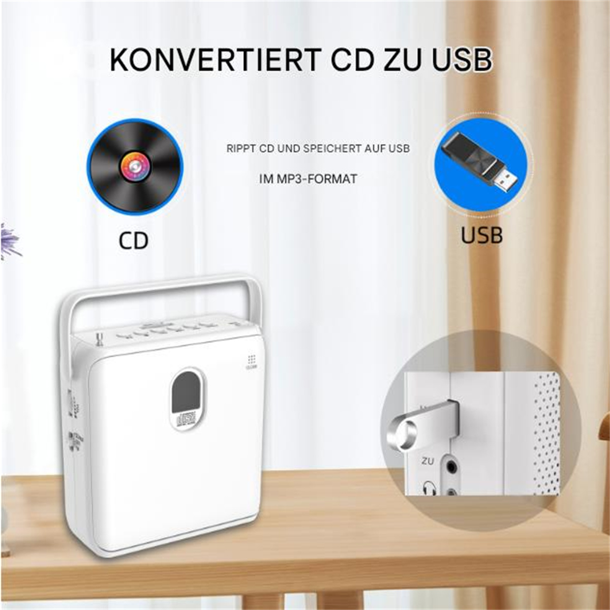 Ein weißes Gerät wandelt CDs in USB um. Grafiken zeigen eine CD und einen USB-Stick. Text zeigt MP3-Format.