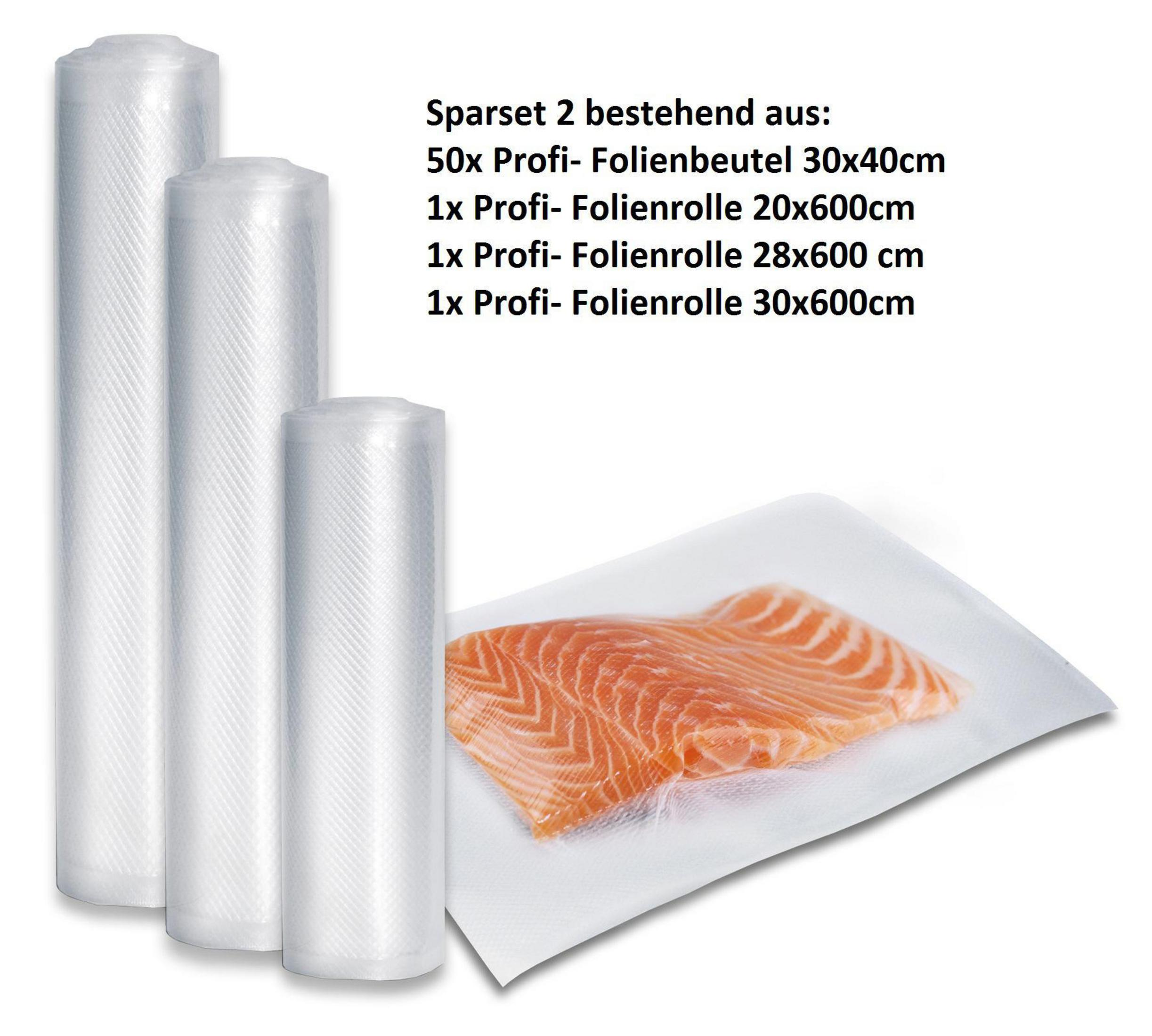 Drei transparente Plastikrollen und ein Lachsfilet auf weißer Oberfläche. Text auf der rechten Seite.