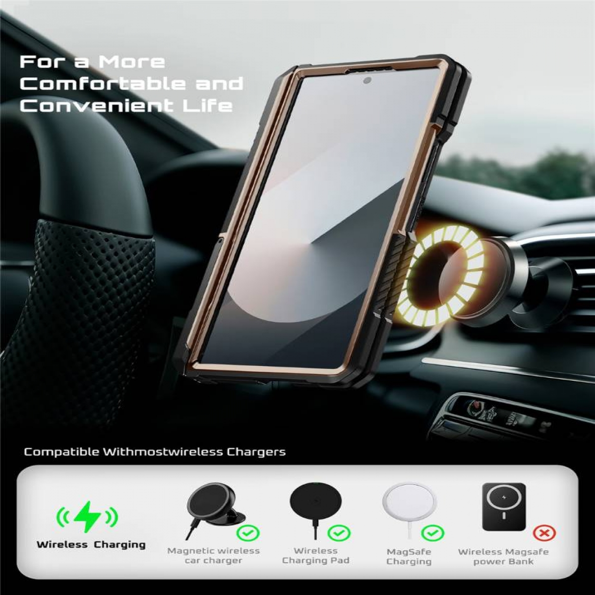 Ein Telefon ist in einem Auto montiert. Das Telefon befindet sich in einer Hülle und wird drahtlos aufgeladen. Andere Ladeoptionen werden ebenfalls gezeigt.