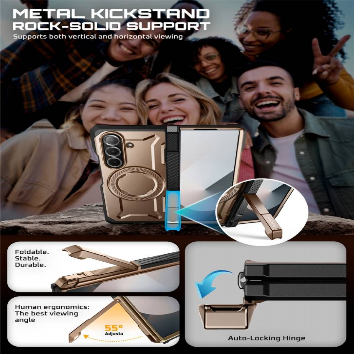 Eine Handyhülle mit Metall-Ständer und eine Gruppe lächelnder Personen im Hintergrund.