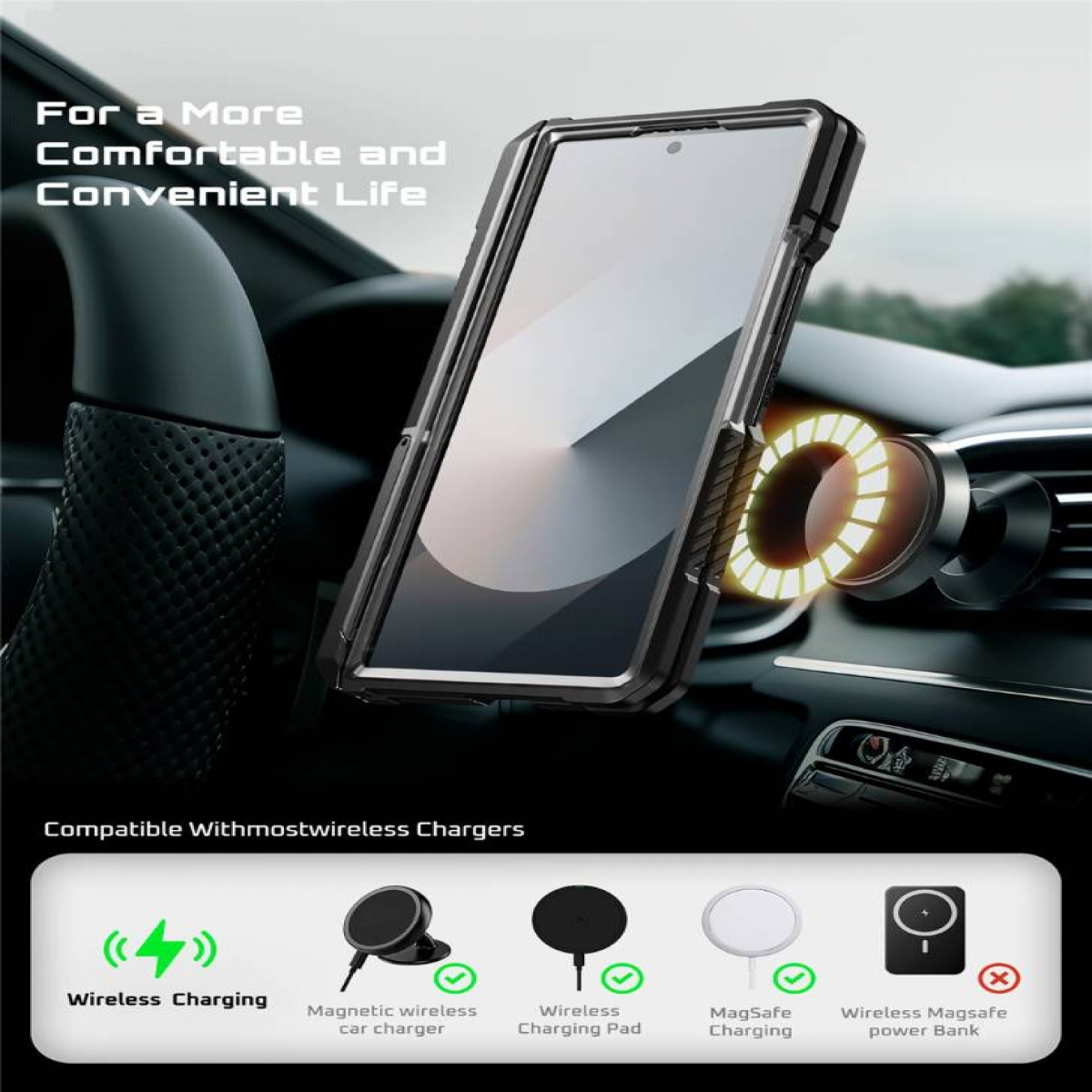 Una custodia per telefono nera è mostrata all'interno di un'auto, mostrando la compatibilità con la ricarica wireless.