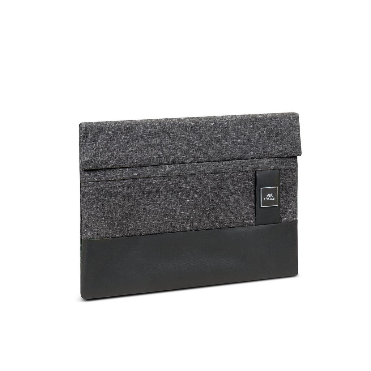 Eine graue Laptoptasche mit dunkelgrauem und schwarzem Lederboden, auf weißem Hintergrund. Das Logo ist sichtbar.