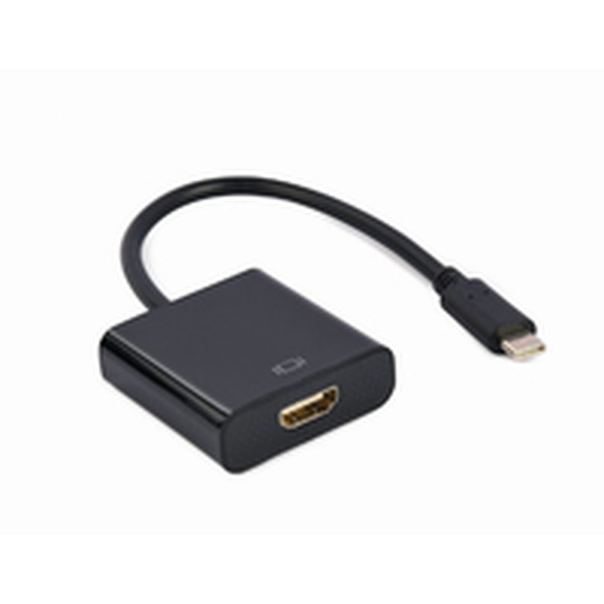 Een zwarte HDMI naar USB-C adapter.