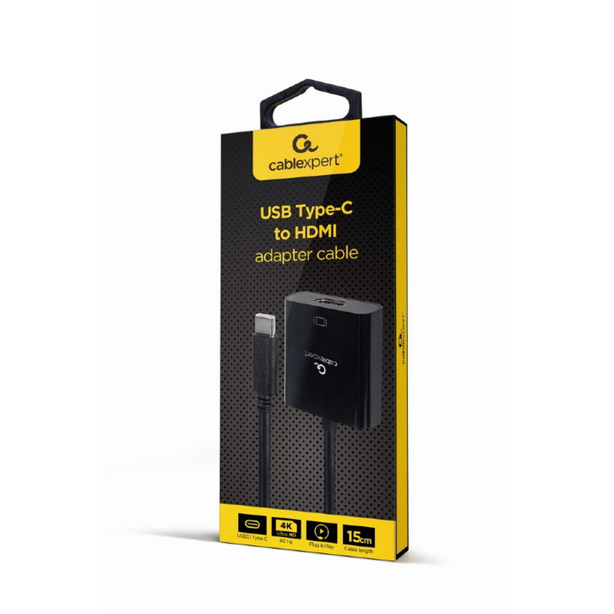 Een zwart-gele doos voor een USB Type-C naar HDMI adapterkabel.