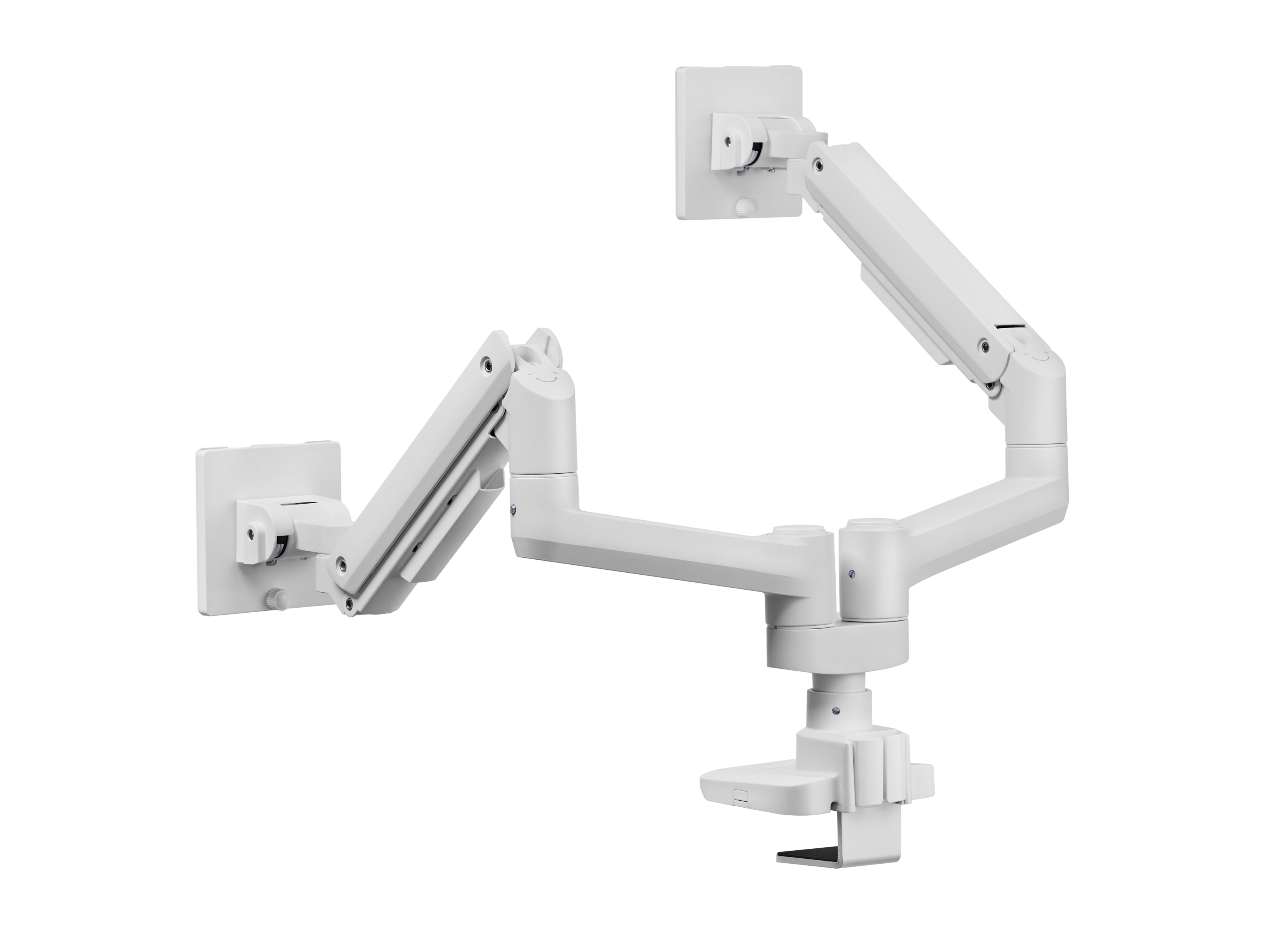 Een witte monitorarm met meerdere gewrichten en een klem.