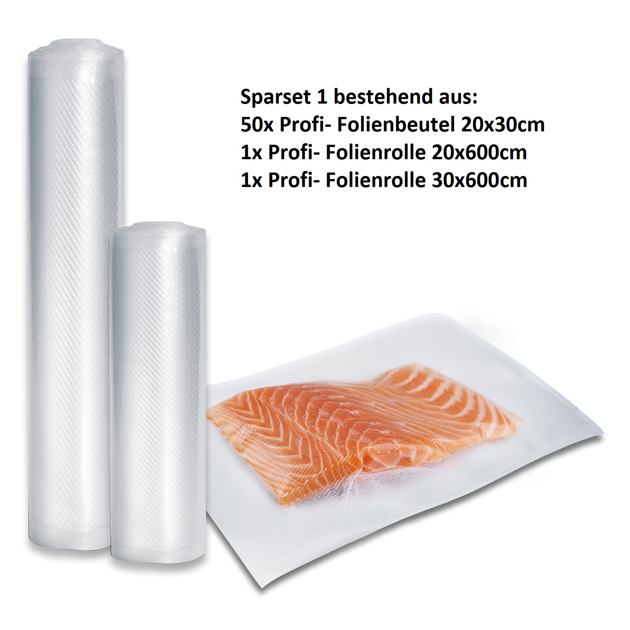 Vakuumierrollen und ein Stück Lachs auf weißer Oberfläche. Text auf Deutsch sichtbar.