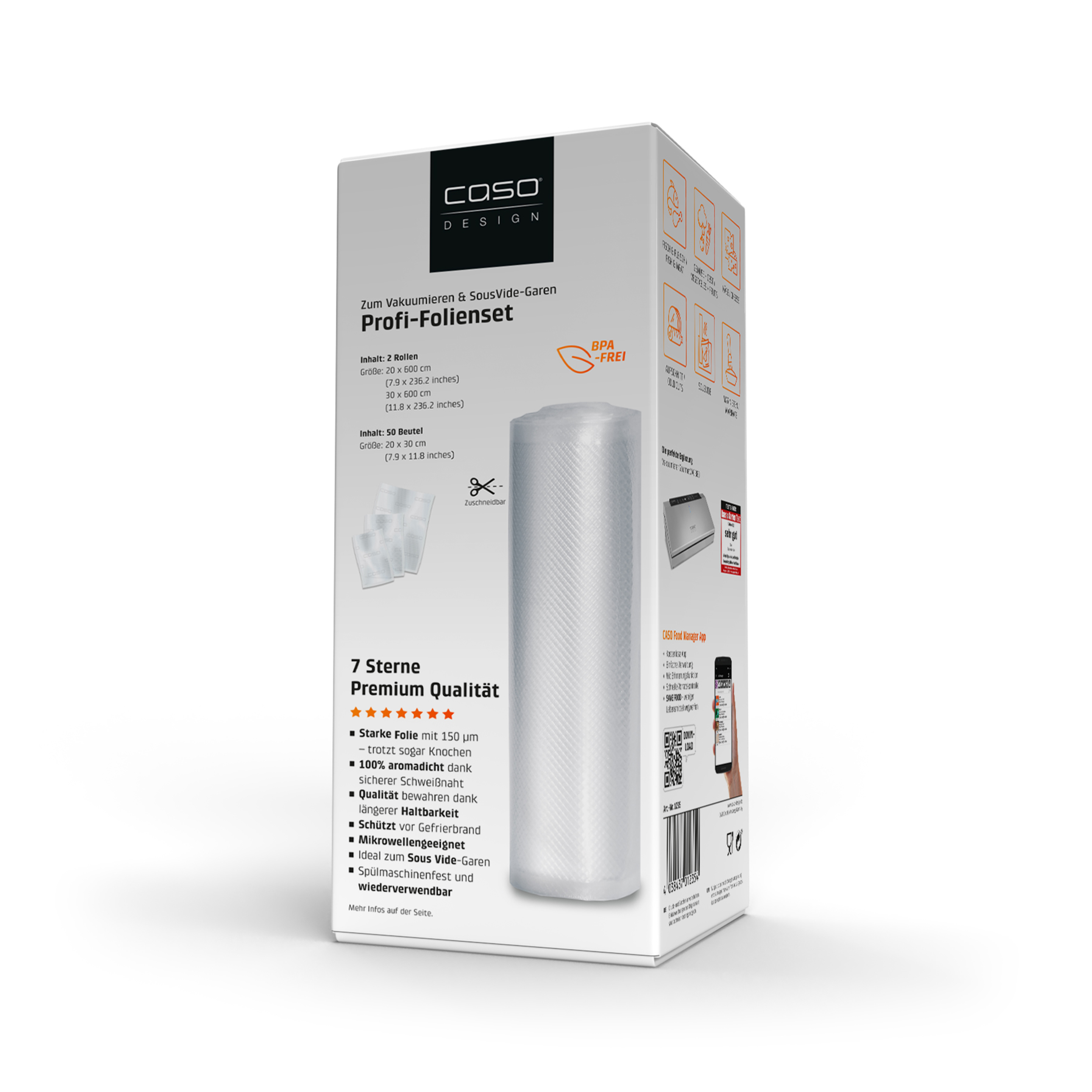 Verpackung für Vakuumbeutel mit Produktinformationen, Bildern und Barcode auf weißem Hintergrund.