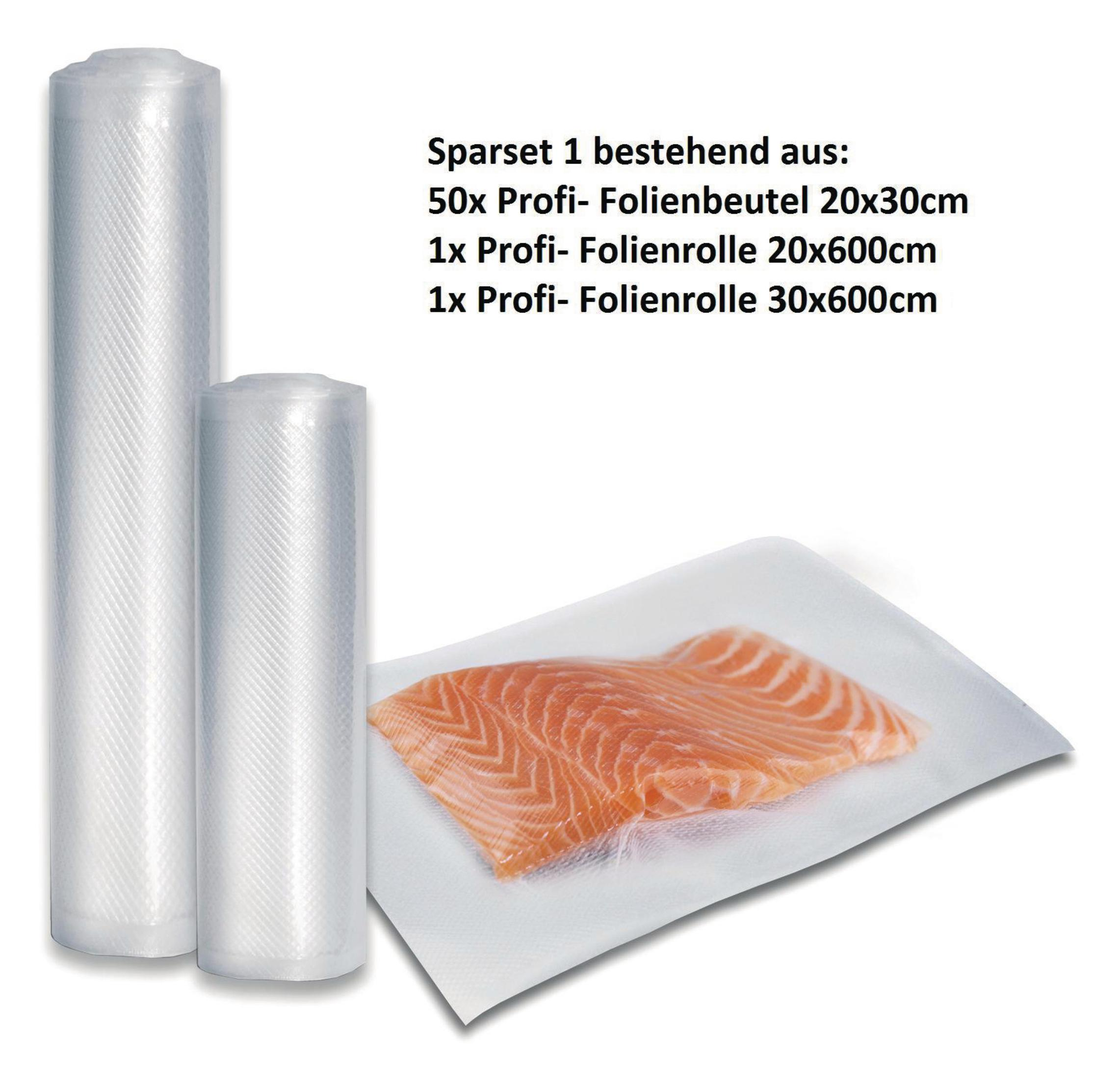 Vakuumierrollen und ein Stück Lachs auf weißer Oberfläche. Text auf Deutsch sichtbar.