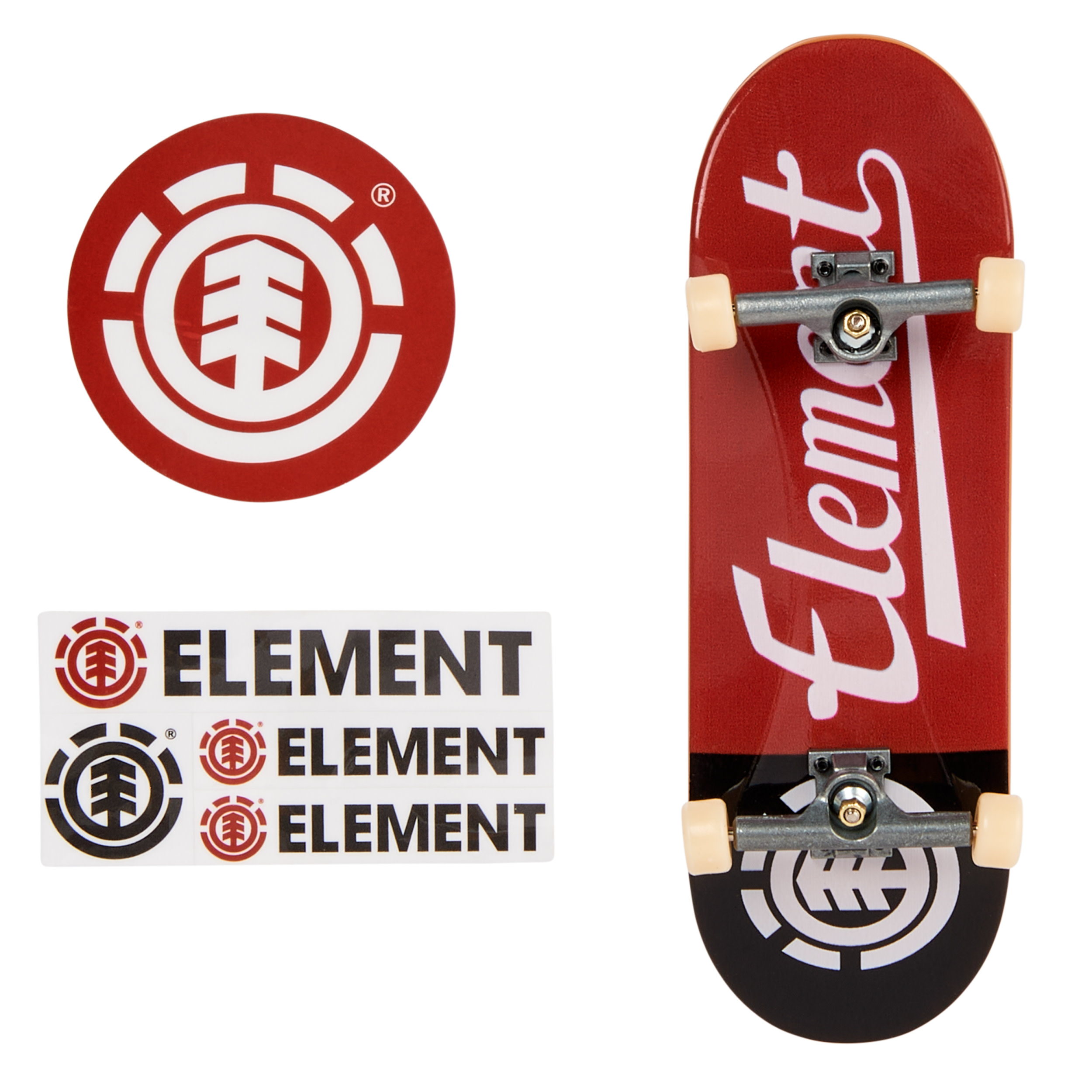 Ein Skateboard, Logos und Aufkleber mit dem Element-Markenlogo werden auf weißem Hintergrund angezeigt.