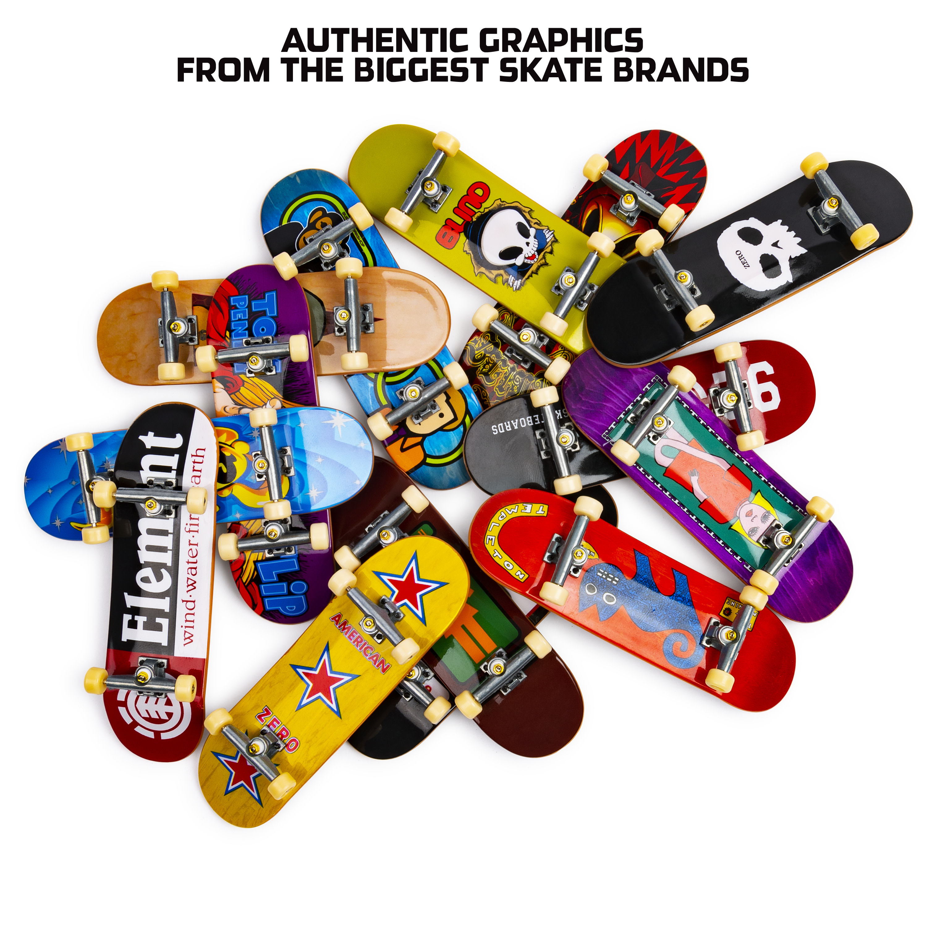 Eine Sammlung von kleinen Skateboards mit Grafiken verschiedener Marken.