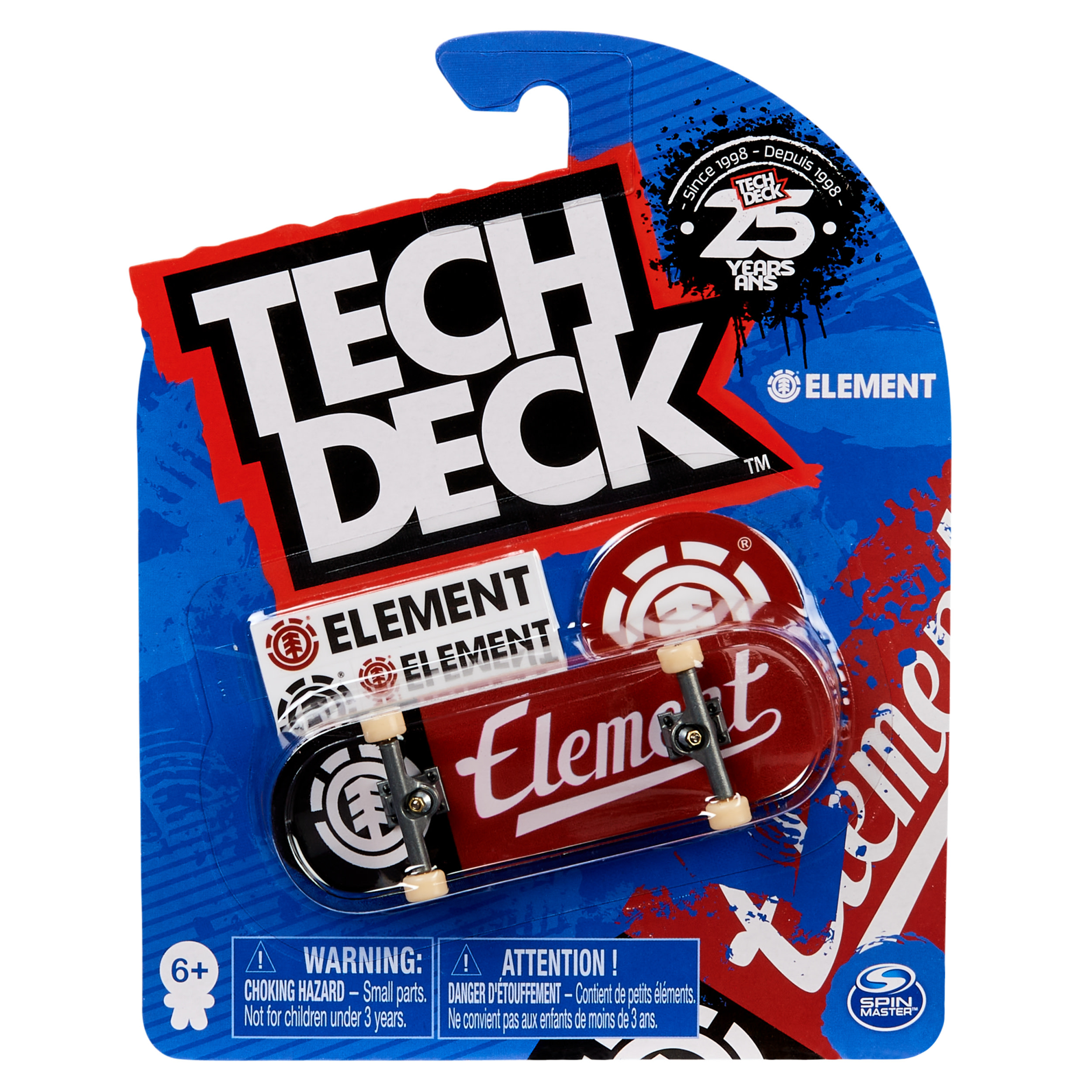 Tech Deck Fingerboard-Verpackung. Blaue und rote Verpackung mit einem kleinen Skateboard. Das Skateboard ist rot mit schwarzen Rädern.