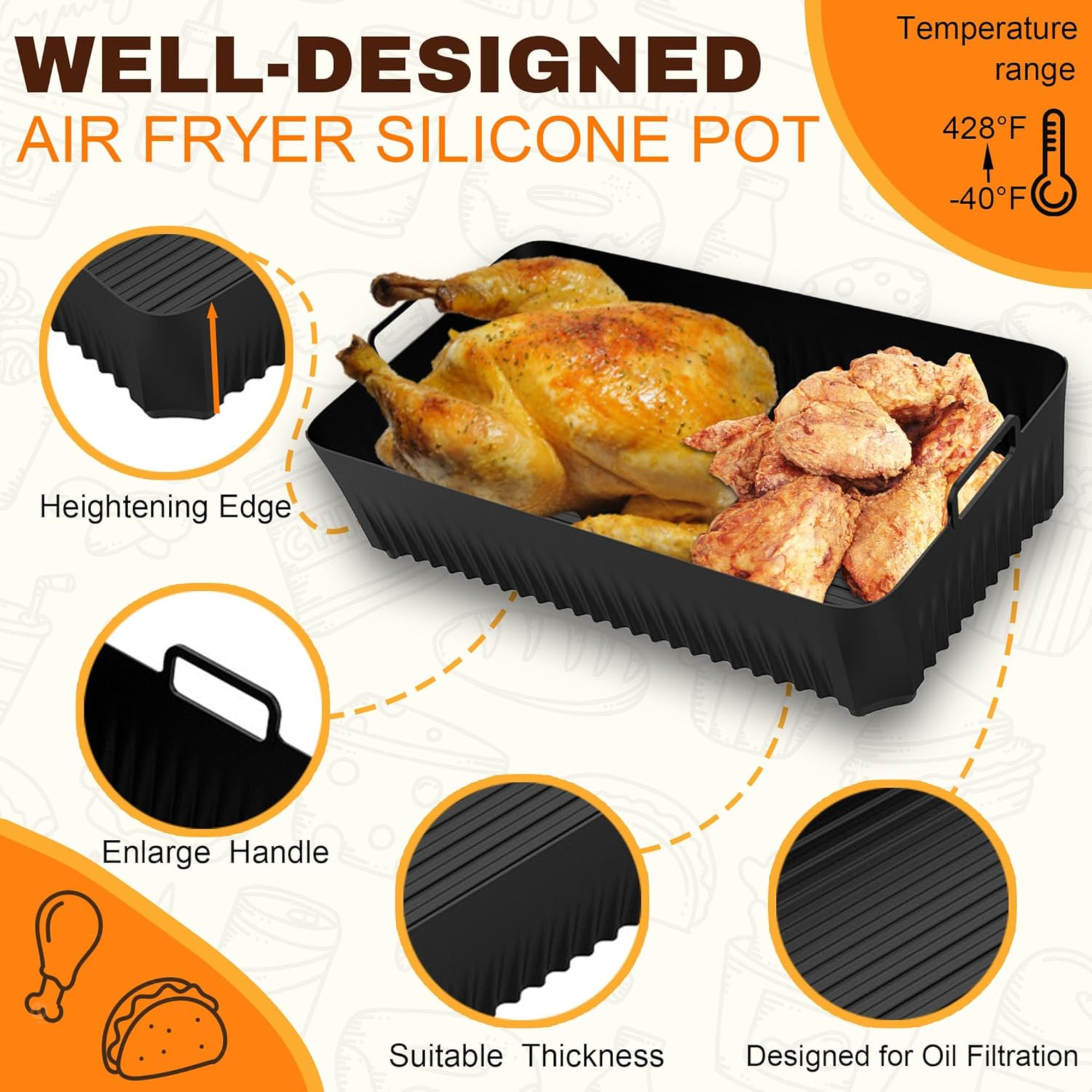 Ein schwarzer Airfryer-Silikontopf mit Essen darin. Das Bild enthält Texte mit Messungen des Topfes.