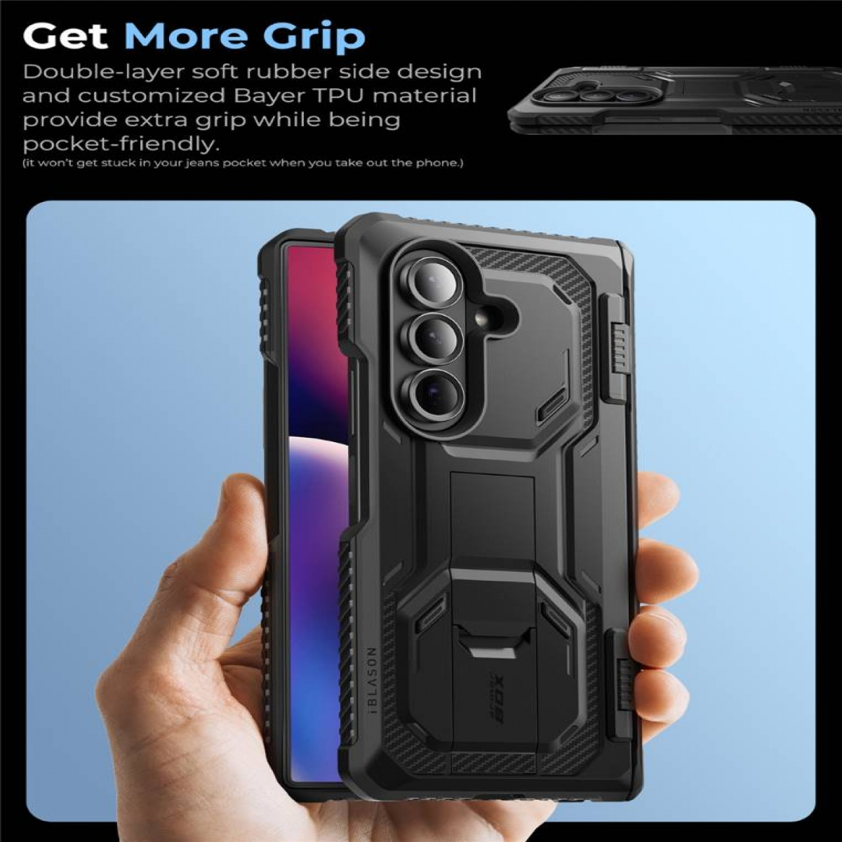 Eine Hand hält ein Telefon in einer schwarzen Hülle. Die Hülle ist so konzipiert, dass sie mehr Grip bietet.