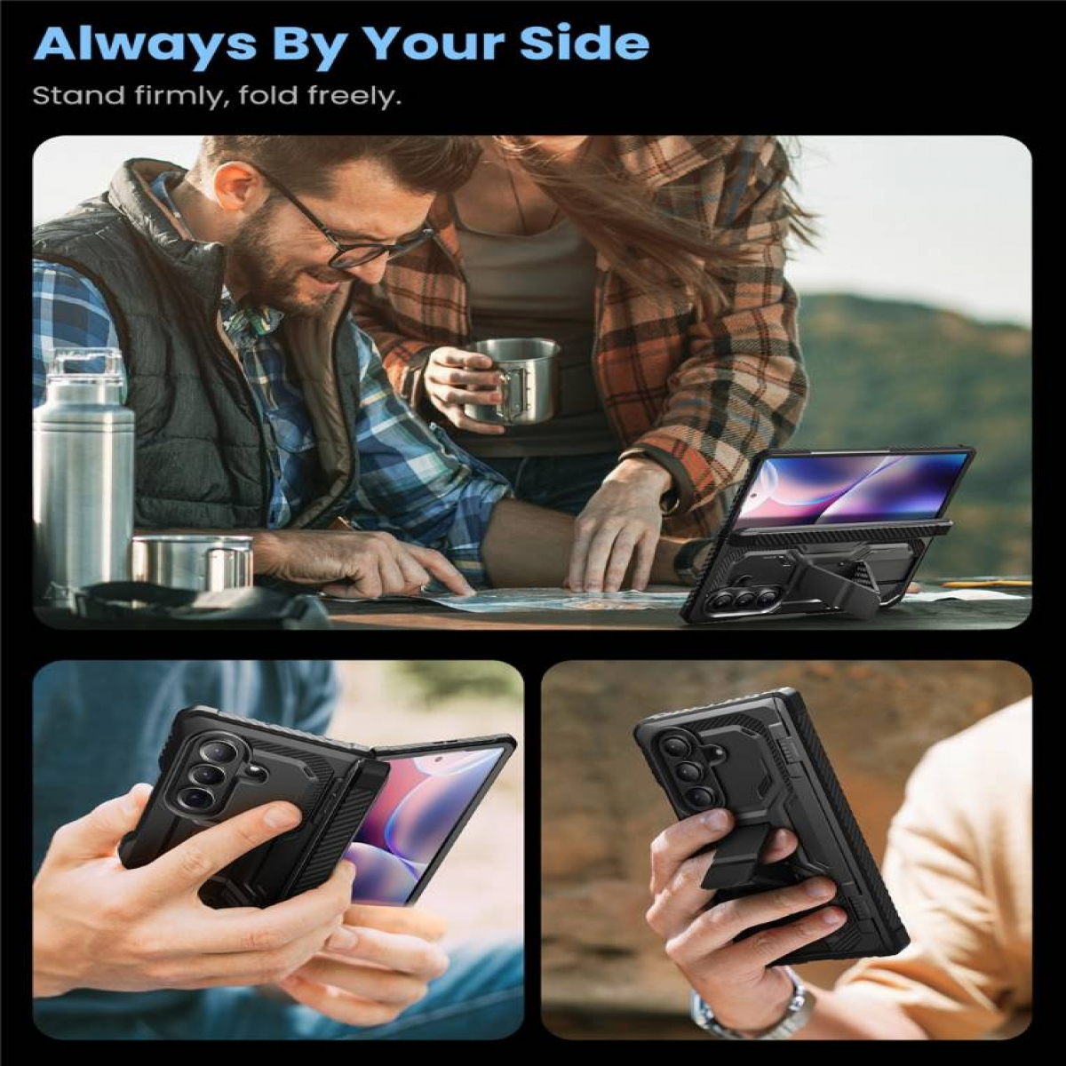 Personen, die mit einem Telefon in einer Hülle interagieren, die verschiedene Nutzungsszenarien zeigen.