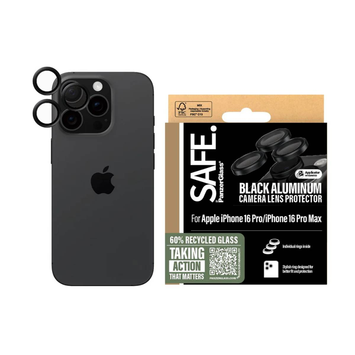 Un téléphone noir avec des objectifs d'appareil photo et des protecteurs d'objectif, avec emballage.