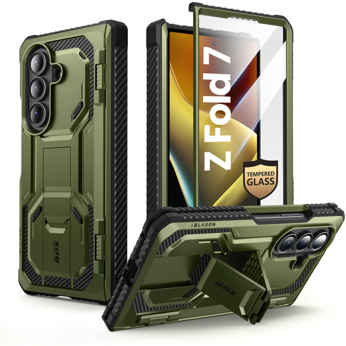 Eine olivgrüne Handyhülle mit Ständer, die das Telefon im Inneren zeigt.