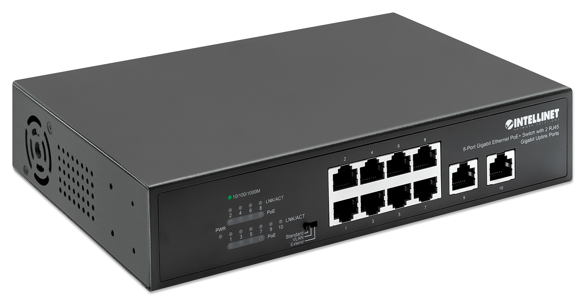 Schwarzer Intellinet 8-Port Gigabit Ethernet Switch mit 10 Ports. Er hat Statusleuchten und das Intellinet-Logo. Weißer Hintergrund.