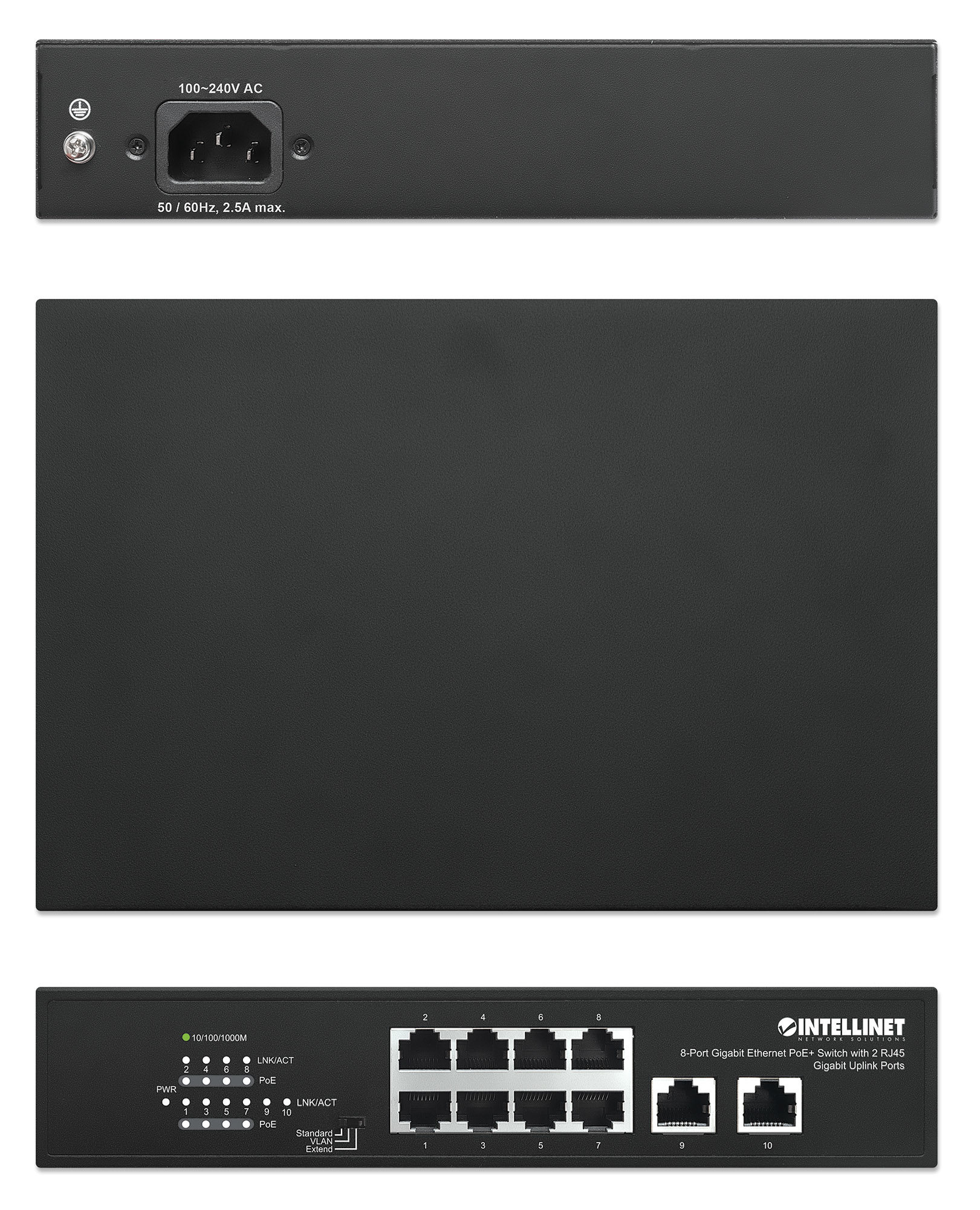 Drei-Ansichten-Bild eines schwarzen Intellinet-Netzwerk-Switches. Es hat Anschlüsse und Verbindungen. Die Oberseite hat einen Stromeingang.