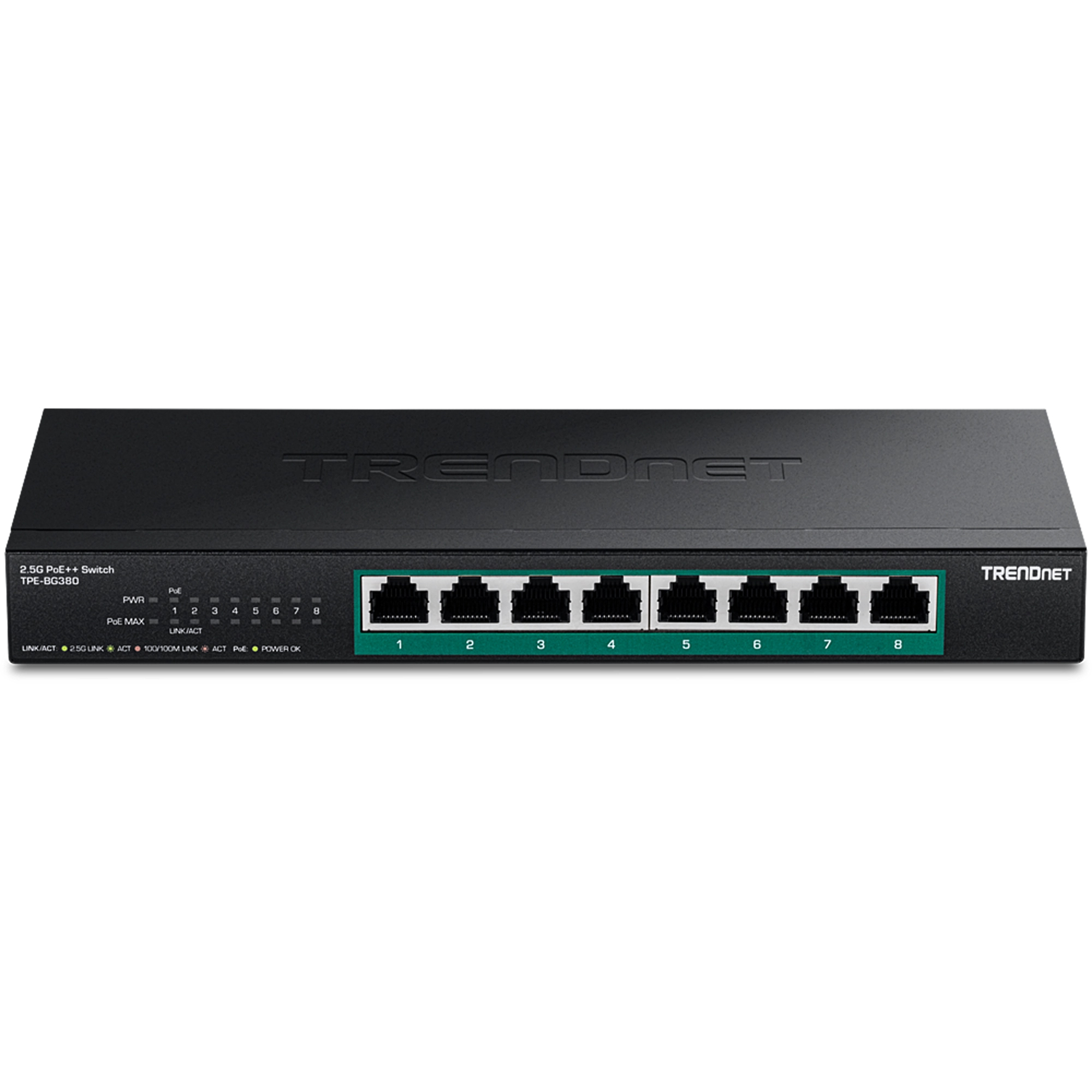 Commutateur Trendnet noir à 8 ports avec le mot TRENDnet en haut. Il possède des ports avec des indicateurs verts. Fond blanc.