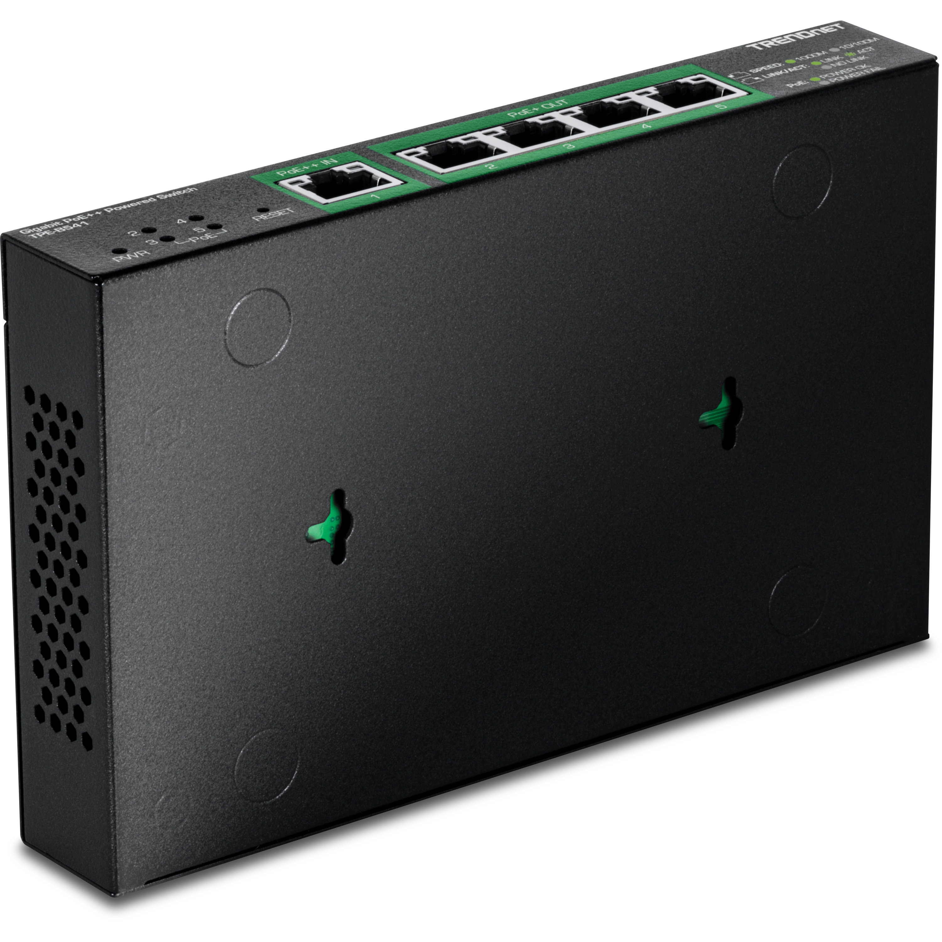 Ein schwarzer Netzwerk-Switch mit mehreren grünen Anschlüssen und Kontrollleuchten. Der Markenname TRENDnet ist sichtbar.