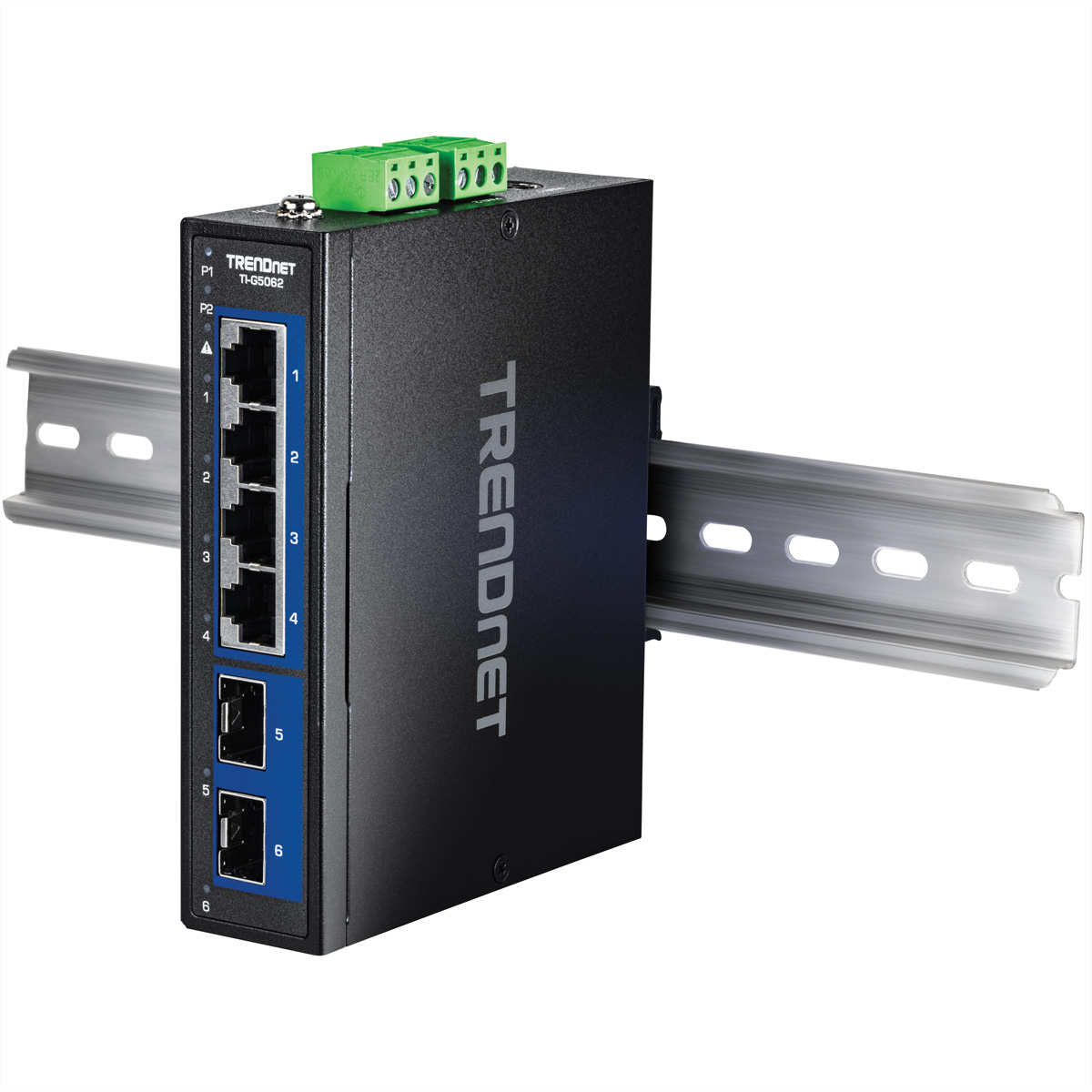 Schwarzer TRENDnet-Netzwerkswitch mit sechs Ports, grünem Stecker und Metallschiene.