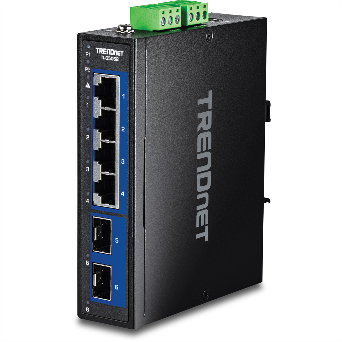 Schwarzer TRENDnet-Netzwerk-Switch mit sechs Anschlüssen. Das TRENDnet-Logo ist sichtbar.