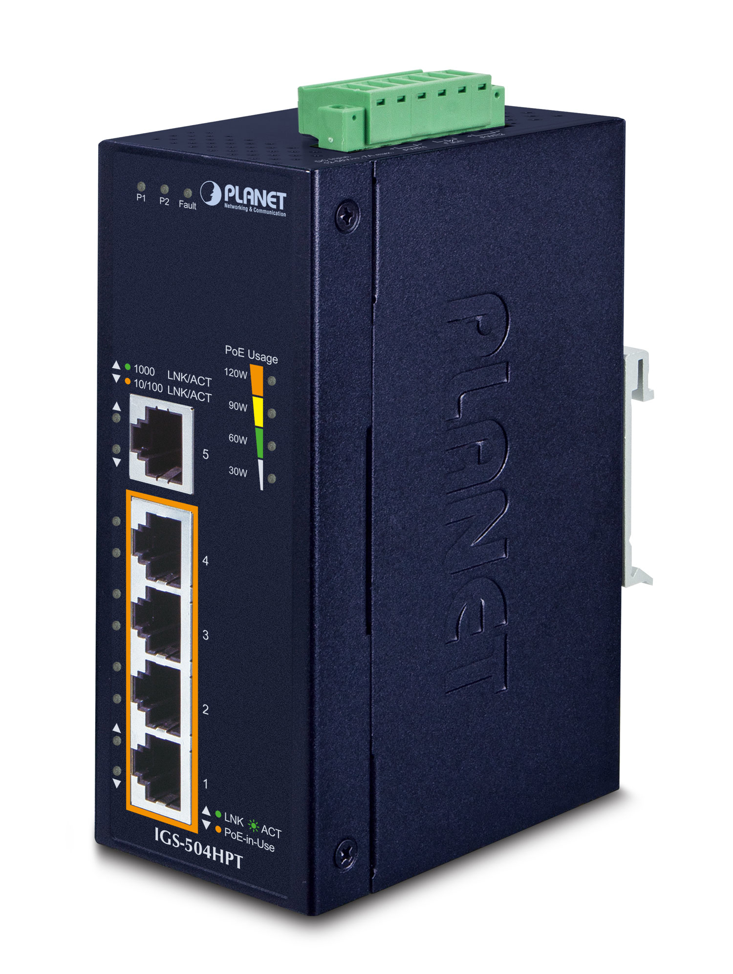 Uno switch di rete nero. Ha porte, luci e il logo Planet ed è etichettato IGS-504HPT.
