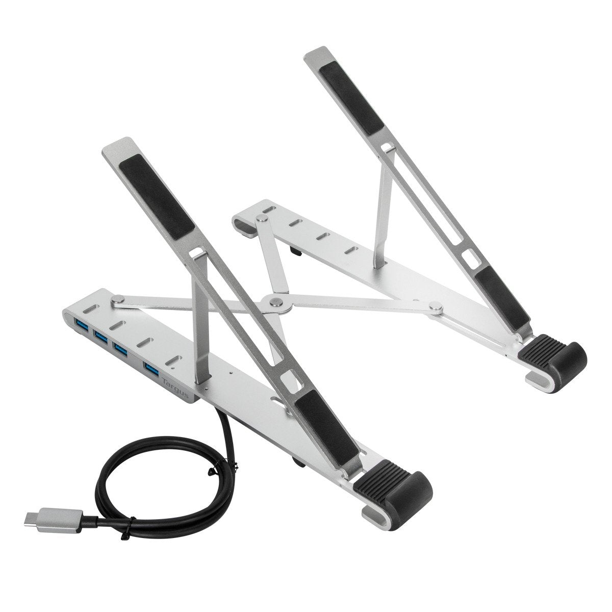 Zwei silberne Laptop-Ständer mit USB-Anschlüssen und einem Kabel. Sie sind dafür konzipiert, einen Laptop anzuheben.