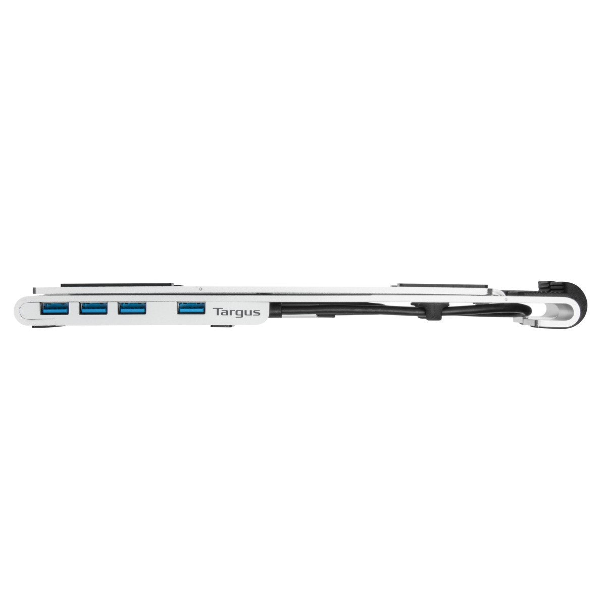 Ein silberner Targus-Hub mit USB-Anschlüssen und einem Kabel, zum Anschließen von Geräten an einen Laptop.