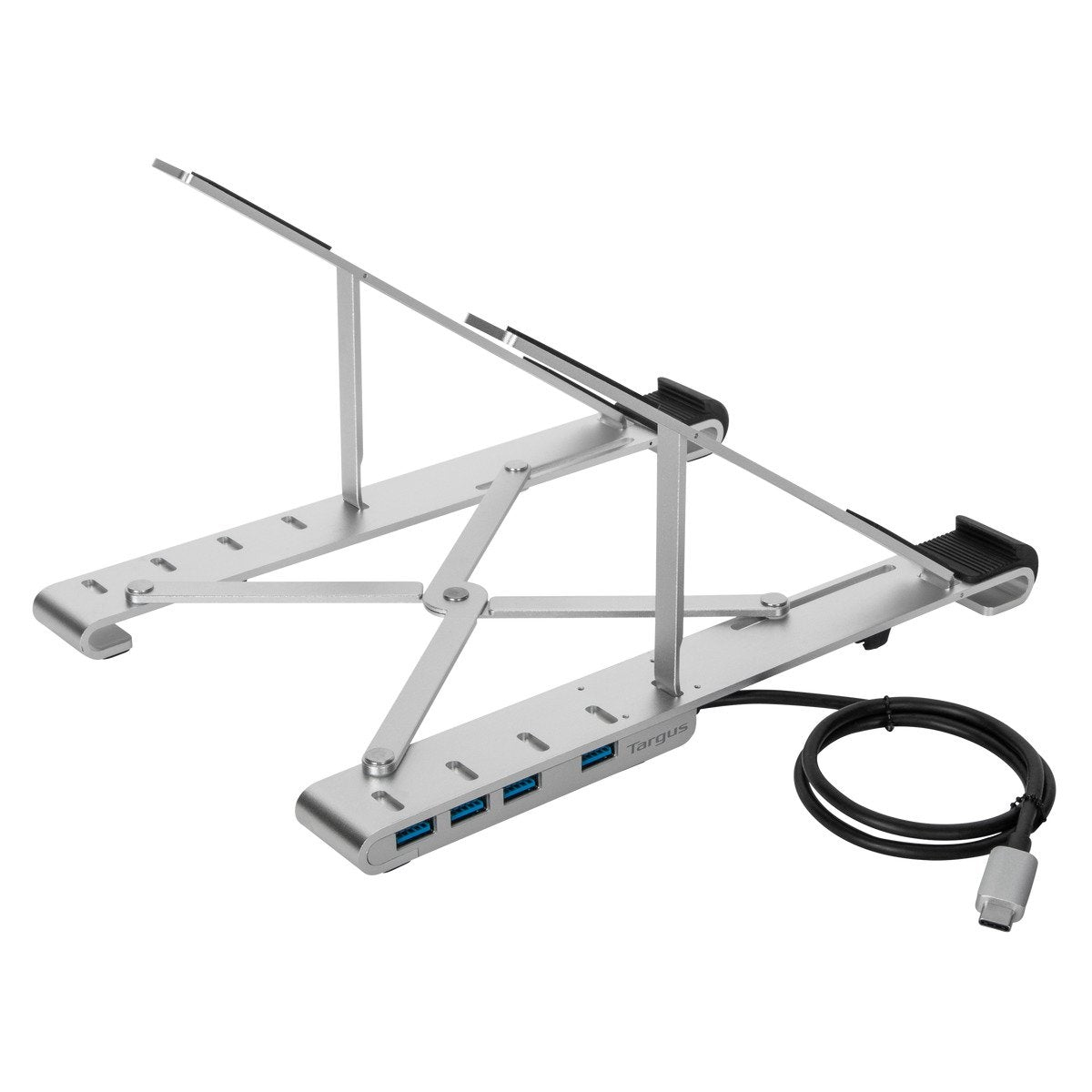 Laptopständer mit angeschlossenem USB-Hub und Kabel, silberfarben.
