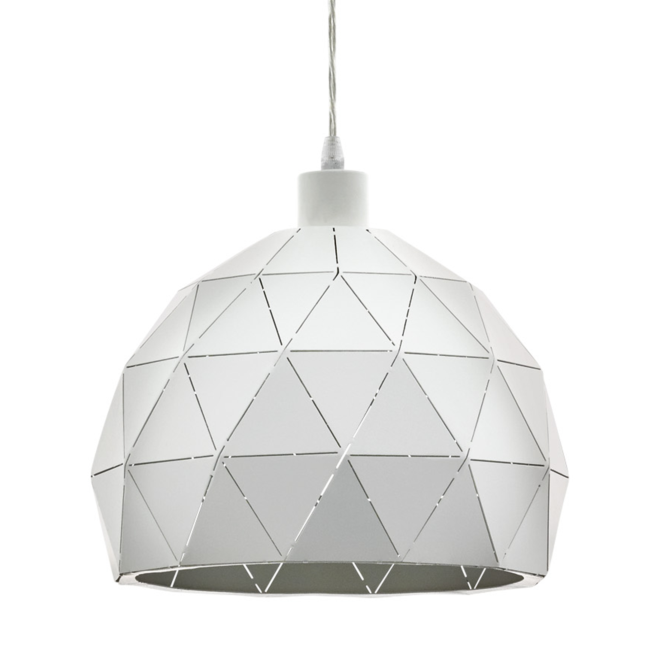 Lámpara colgante blanca con diseño geométrico. Cuelga de un cable blanco.