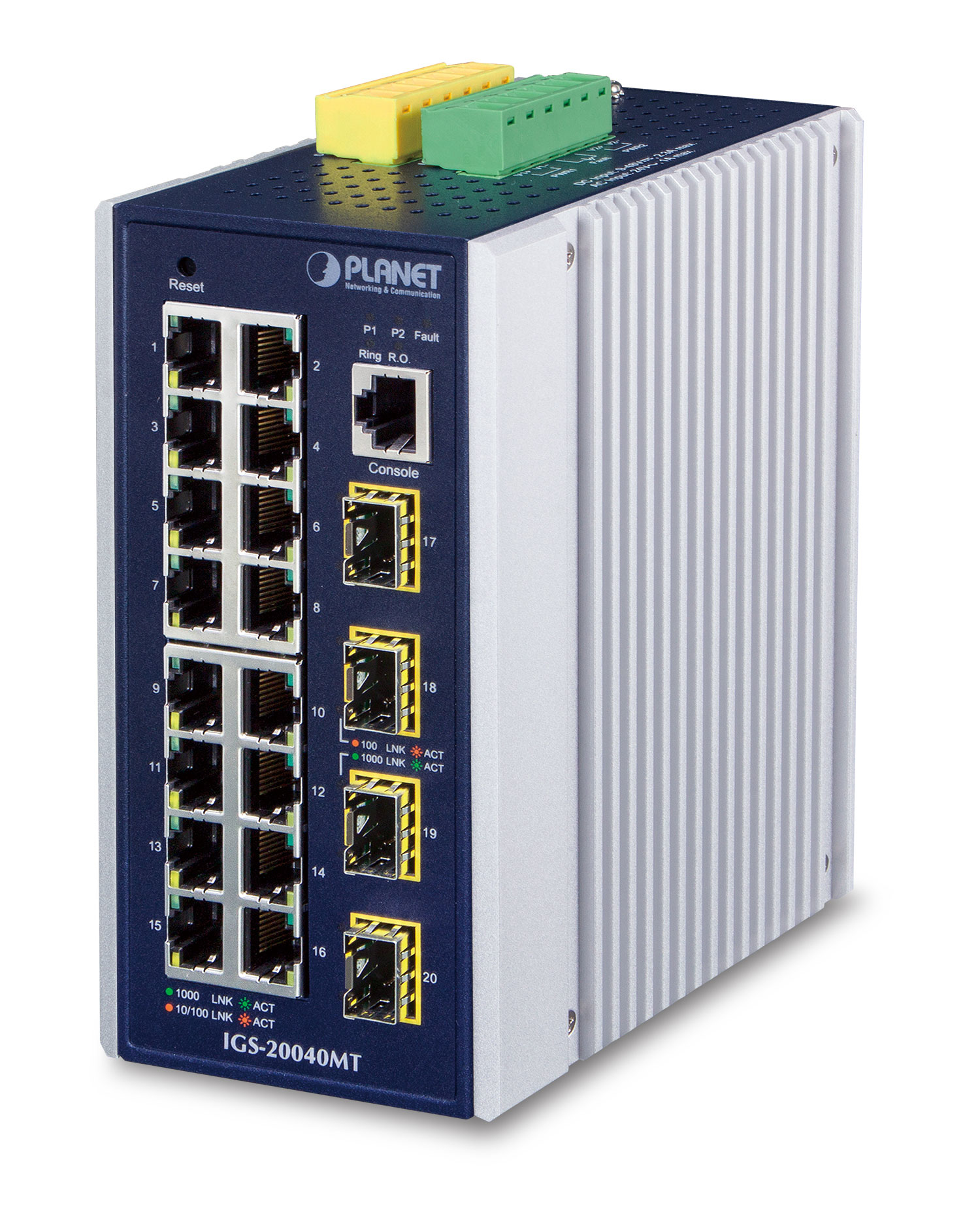 Uno switch di rete blu e argento con più porte e un connettore giallo e verde.