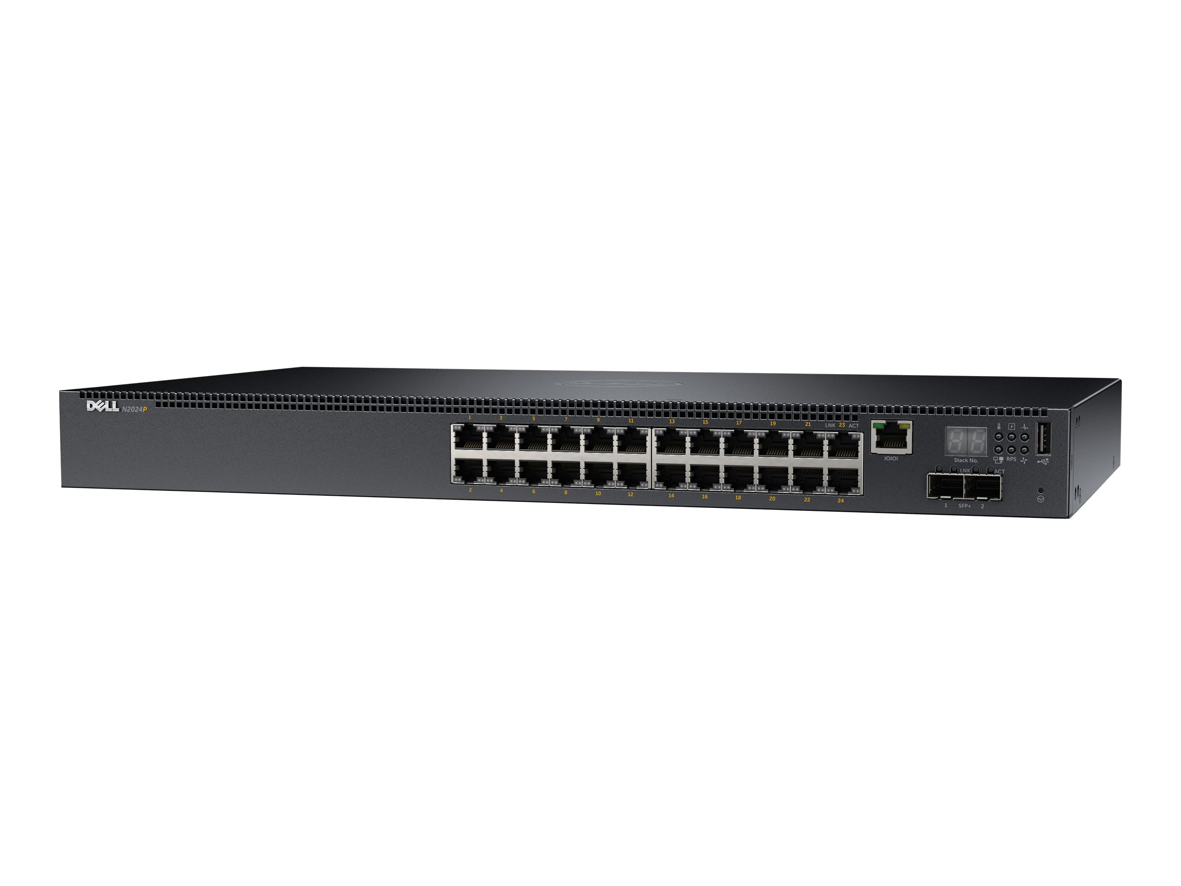 Ein schwarzer Netzwerk-Switch mit mehreren Anschlüssen und einem DELL-Logo, isoliert auf weißem Hintergrund.