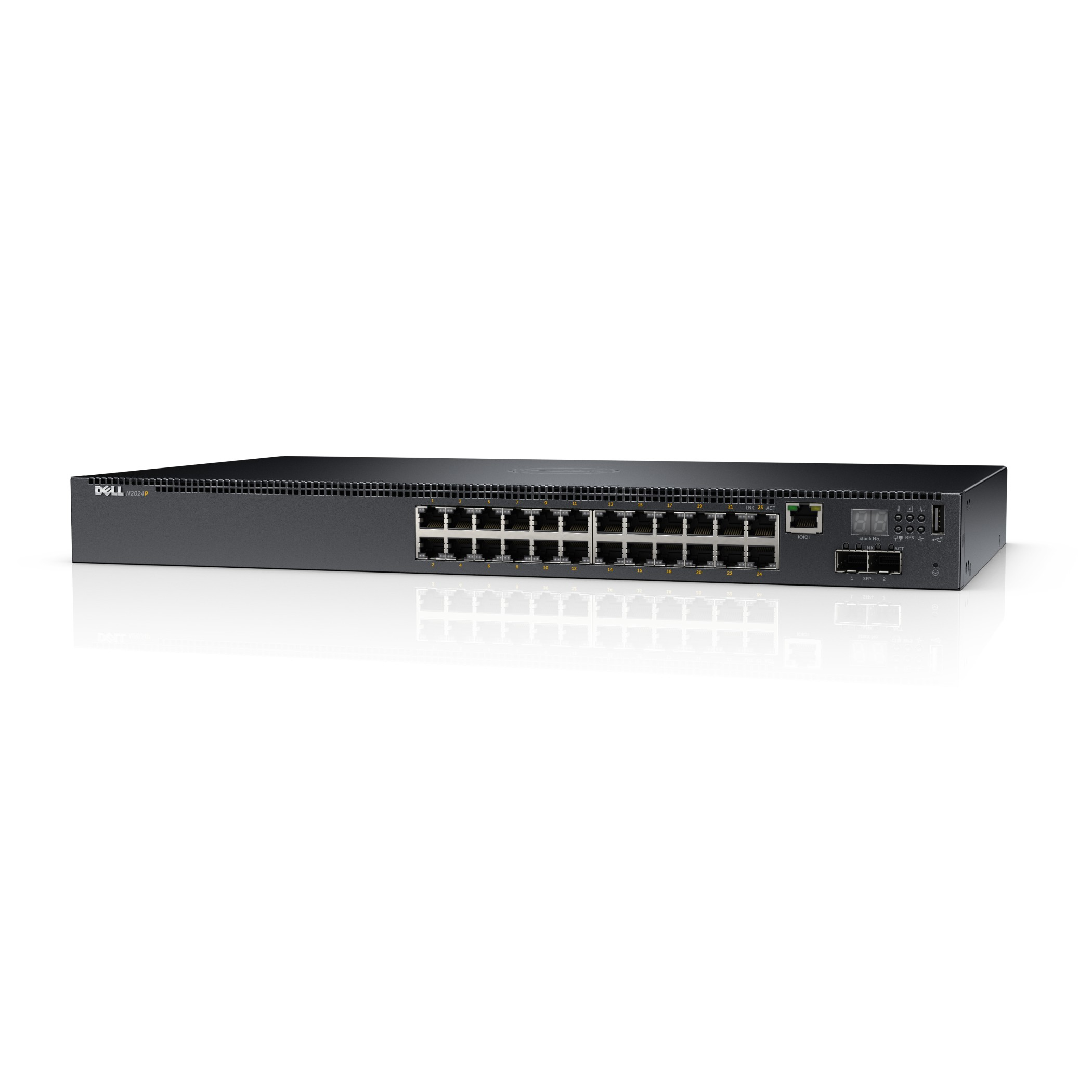 Ein schwarzer DELL-Netzwerkswitch mit mehreren Anschlüssen, metallischem Finish und verschiedenen Anschlüssen.