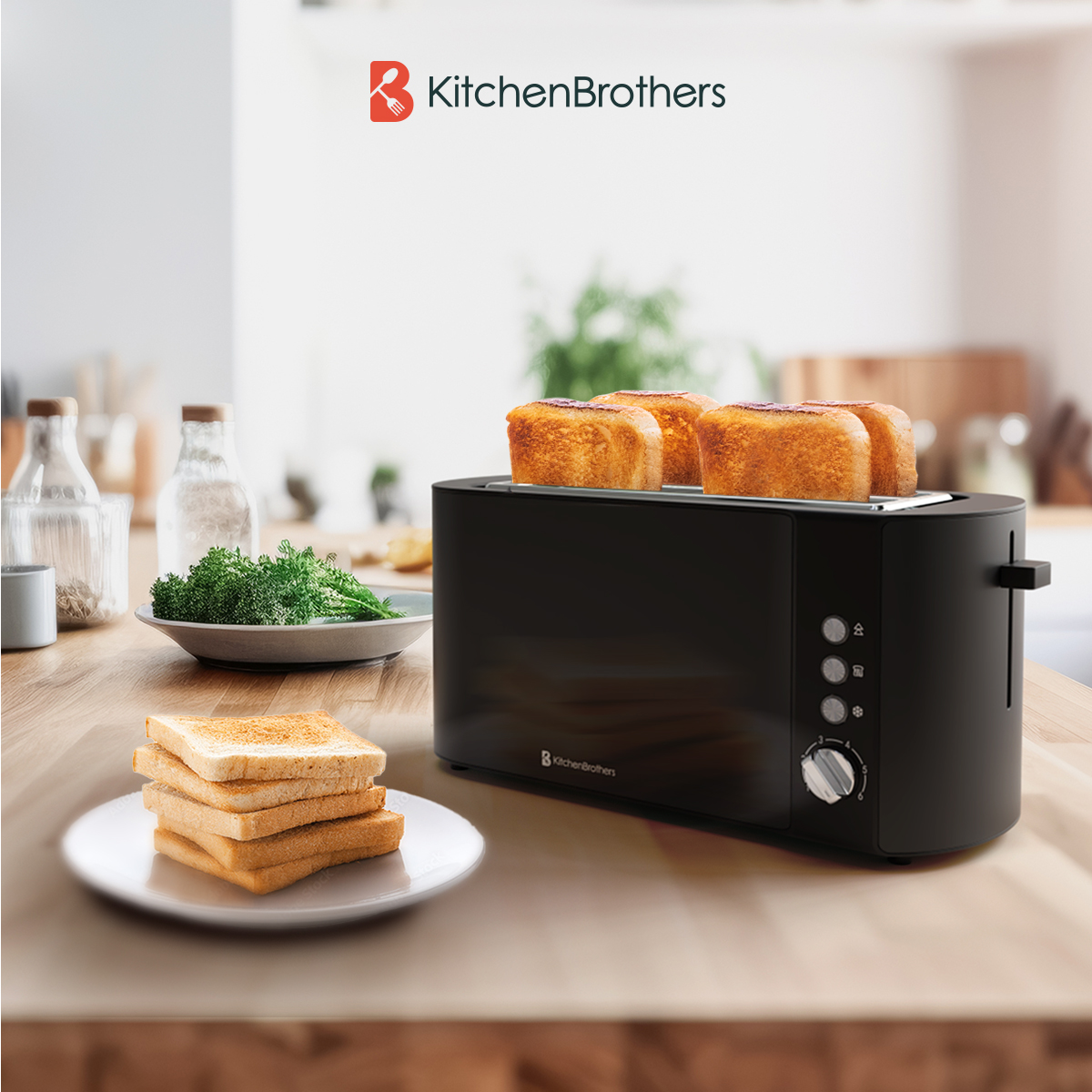 Black toaster with four slices of toast popping out. Text says KitchenBrothers. Wooden table background.