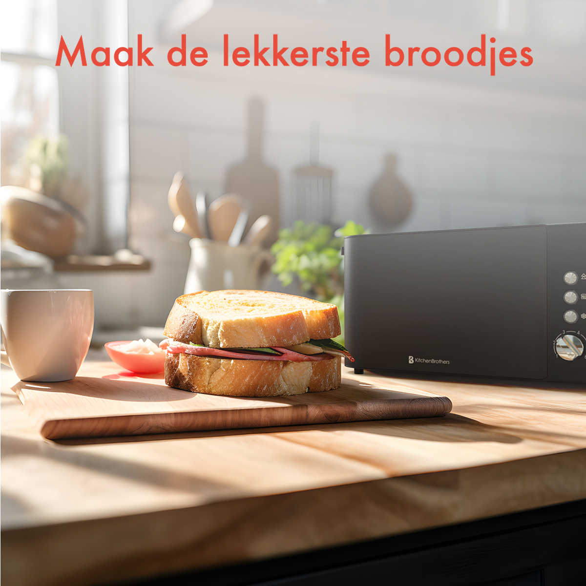 Sandwich on a wooden board with a cup and a microwave in the background.