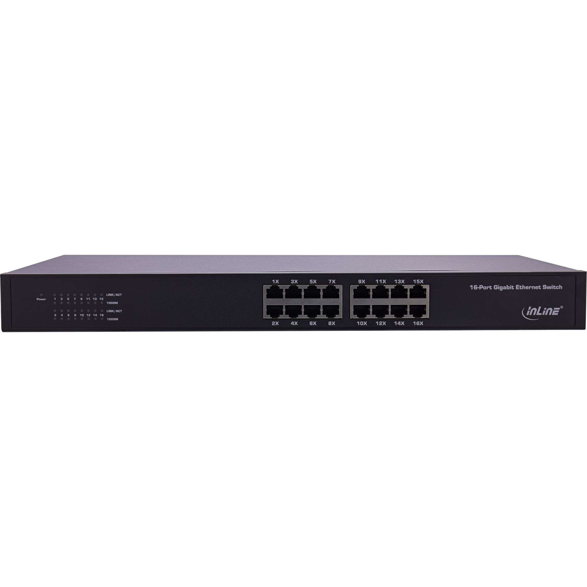 Ein schwarzer 16-Port Gigabit Ethernet Switch. Die Vorderseite hat Ports und Kontrollleuchten; weißer Hintergrund.