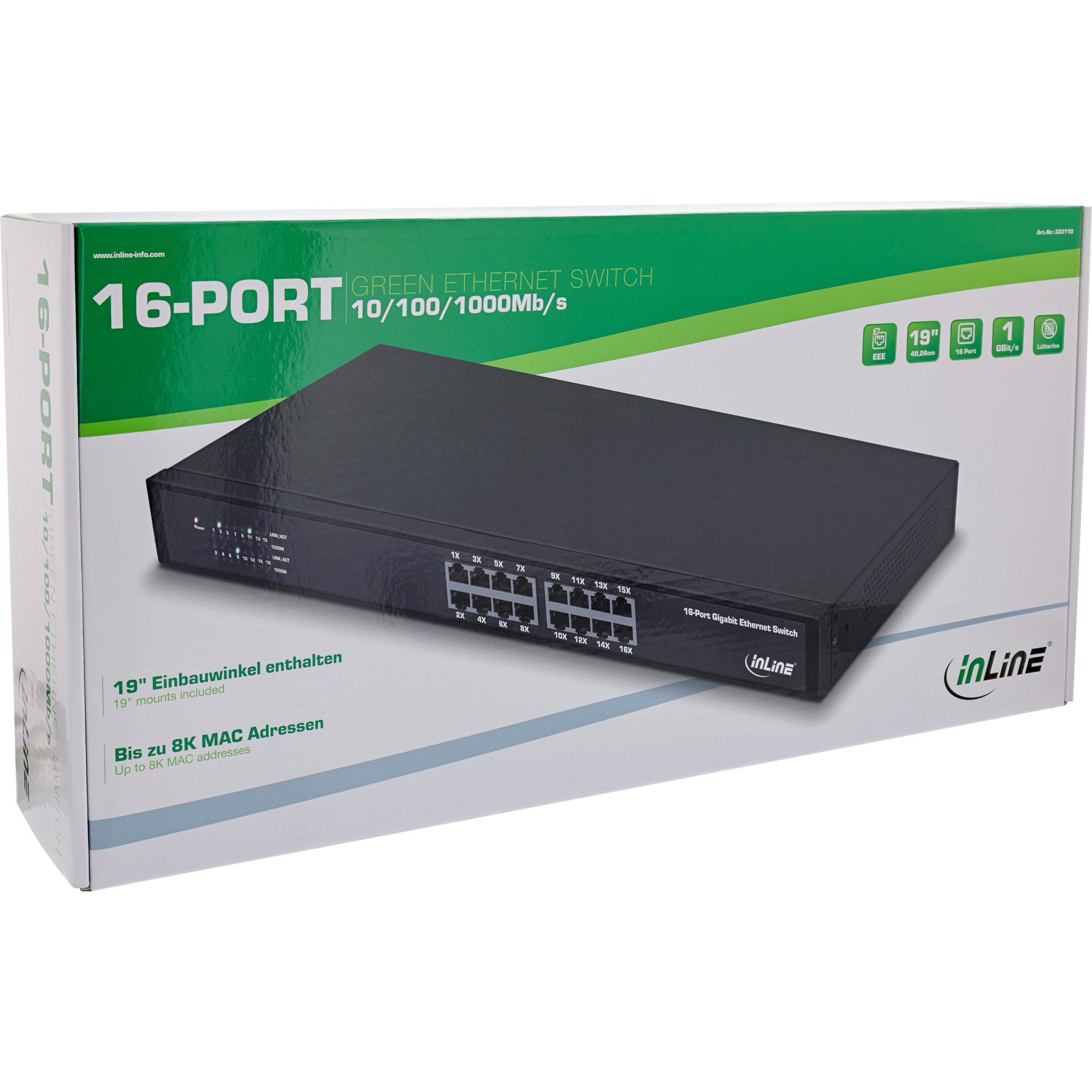 Eine Schachtel für einen 16-Port-Green-Ethernet-Switch, mit dem im Inneren sichtbaren Switch.