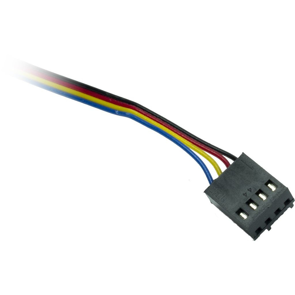 Un petit connecteur noir avec quatre fils : rouge, jaune, bleu et noir. Les fils sont en parallèle.